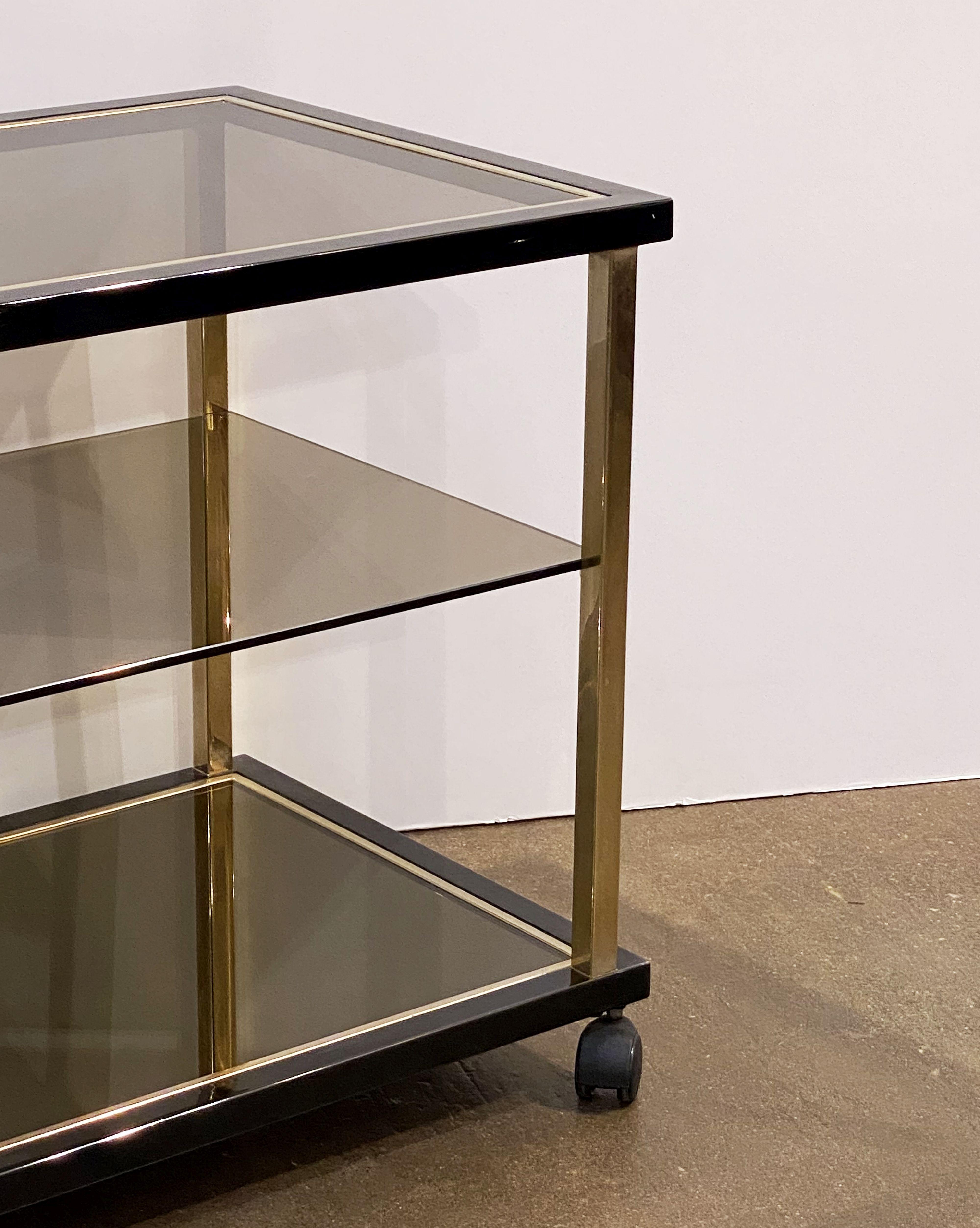 20th Century Belgian Three-Tier Drinks Cart of Smoked Glass and Brass by Belgo Chrom For Sale