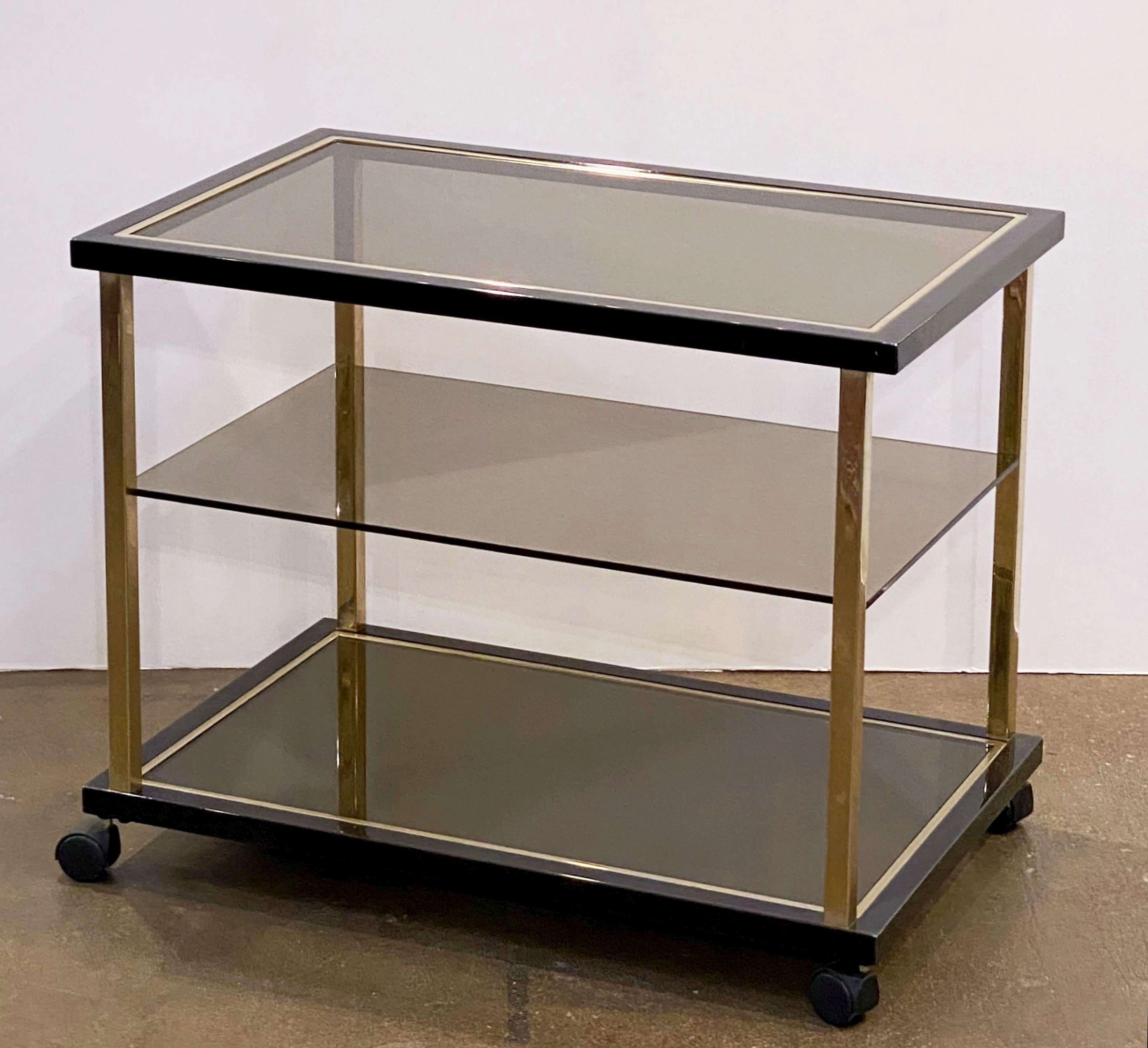 Metal Belgian Three-Tier Drinks Cart of Smoked Glass and Brass by Belgo Chrom For Sale