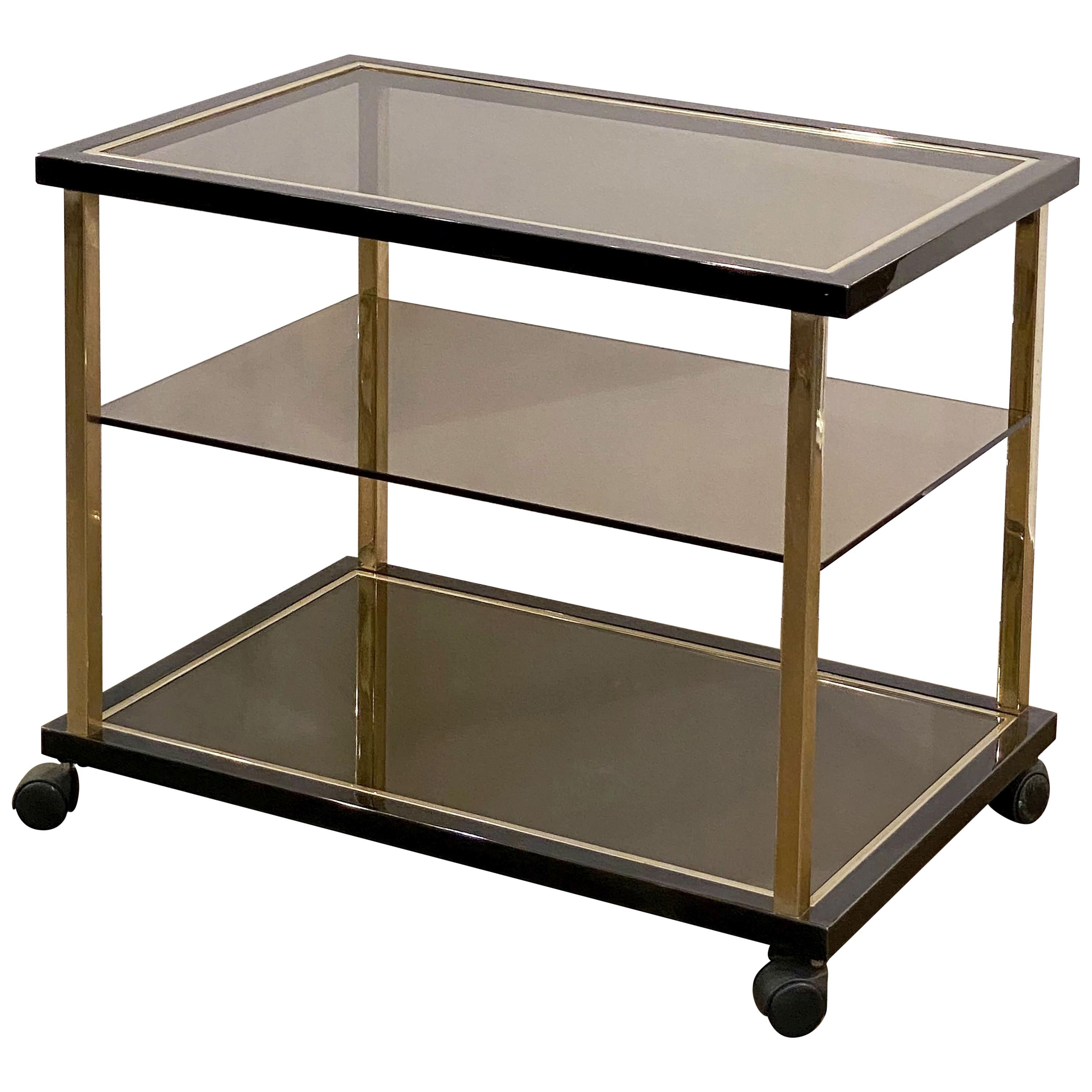 Belgian Three-Tier Drinks Cart of Smoked Glass and Brass by Belgo Chrom For Sale
