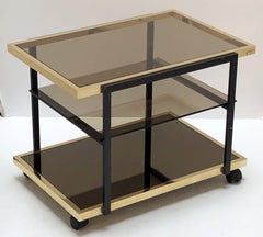 Belgian Three-Tier Drinks Cart of Smoked Glass and Brass by Fedam
