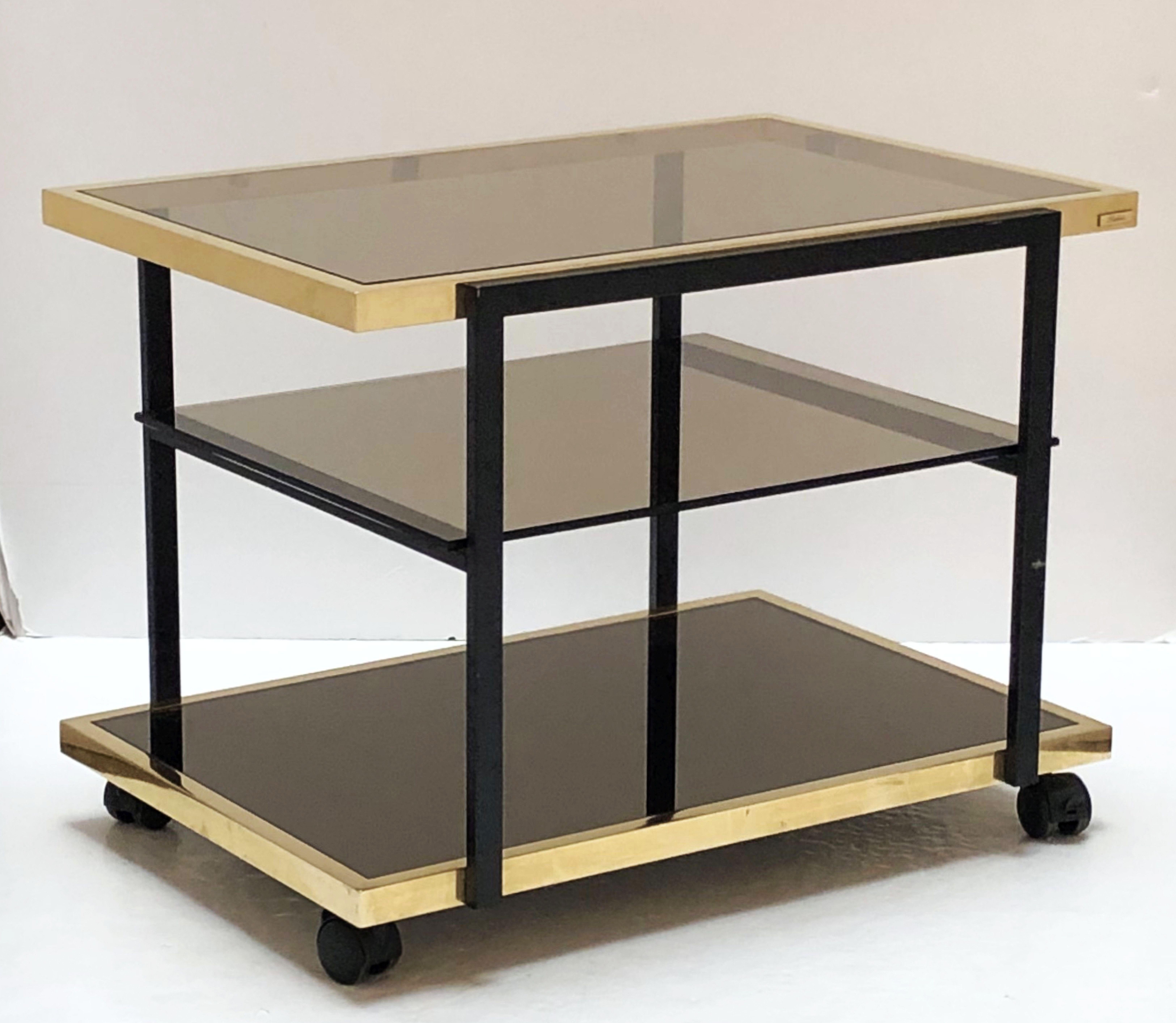 Modern Belgian Three-Tier Drinks Cart of Smoked Glass and Brass by Fedam