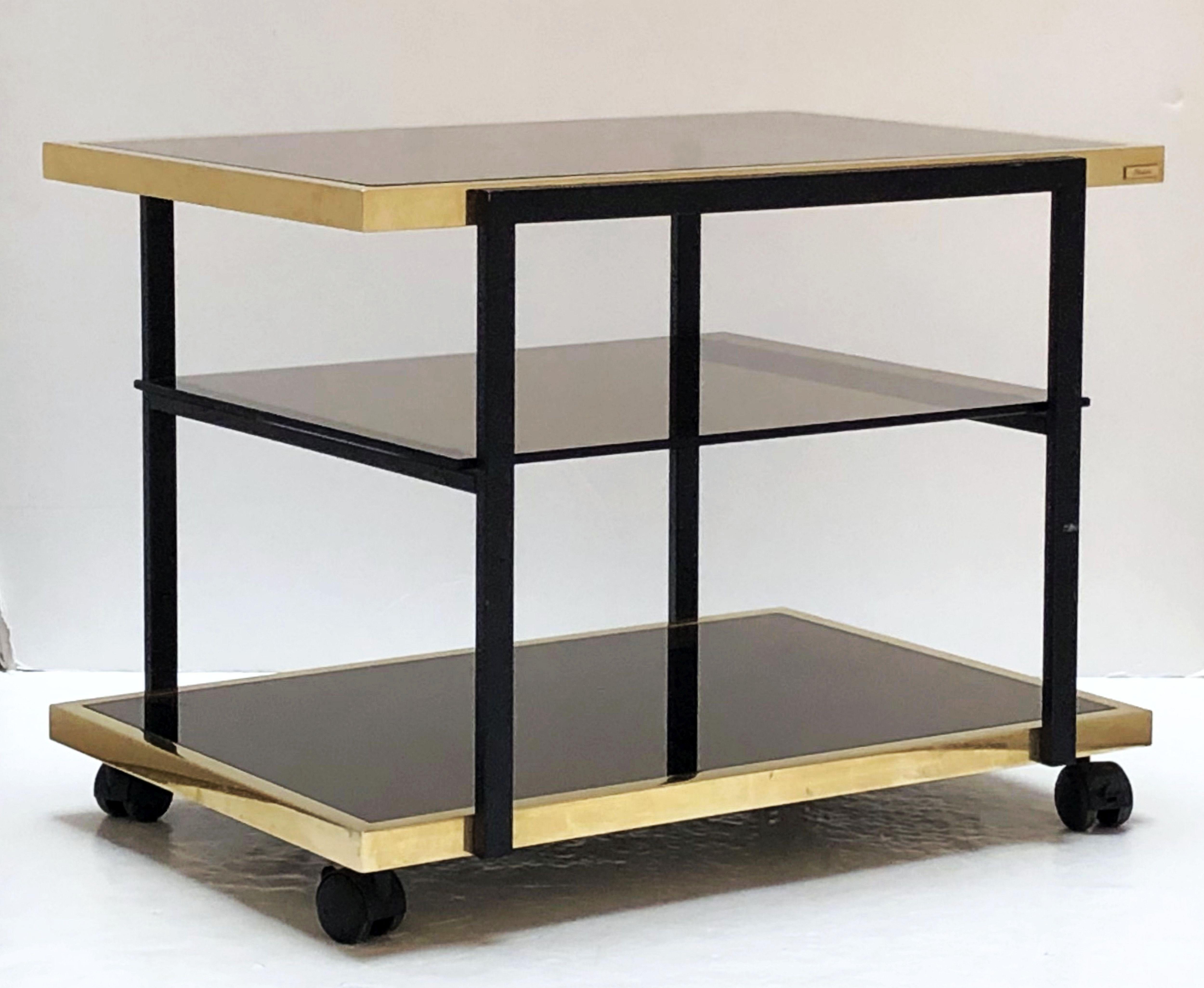 Belgian Three-Tier Drinks Cart of Smoked Glass and Brass by Fedam In Good Condition In Austin, TX