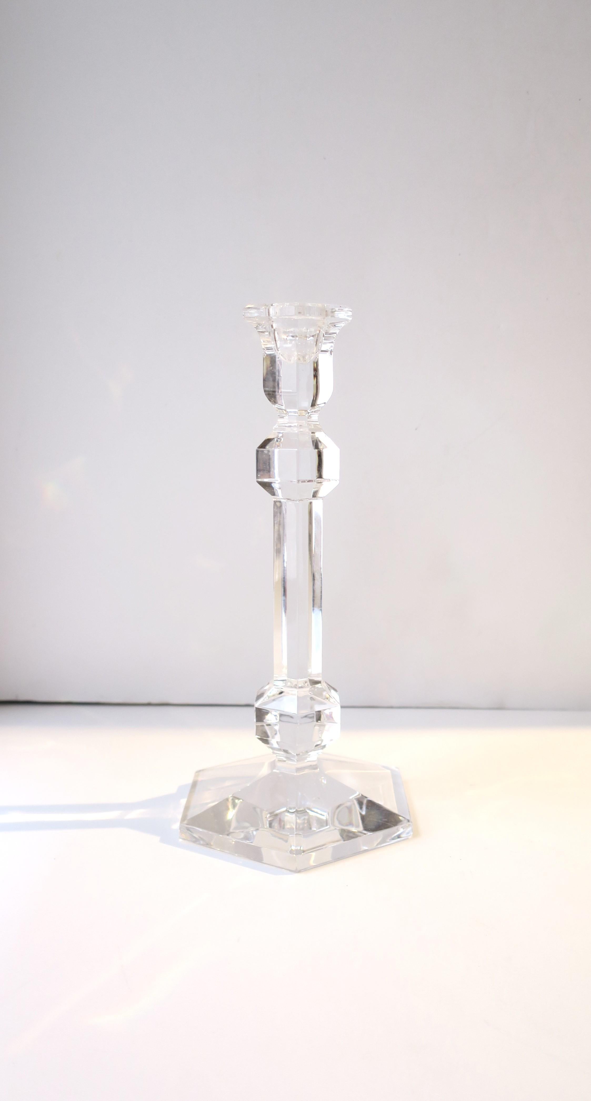 A beautiful Belgian crystal candlestick holder from luxury maker Val Saint Lambert, Belgium. Candlestick has a hexagon base (a nice alternative to round) and Measure 9.63