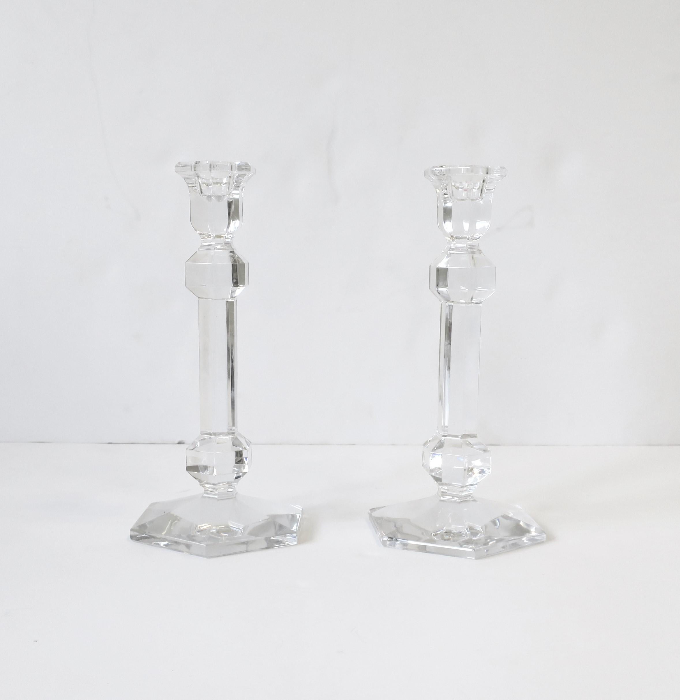 A beautiful pair of Belgian crystal candlestick holders from luxury maker Val Saint Lambert, Belgium. Pair have a hexagon base (a nice alternative to round) and measure 9.63