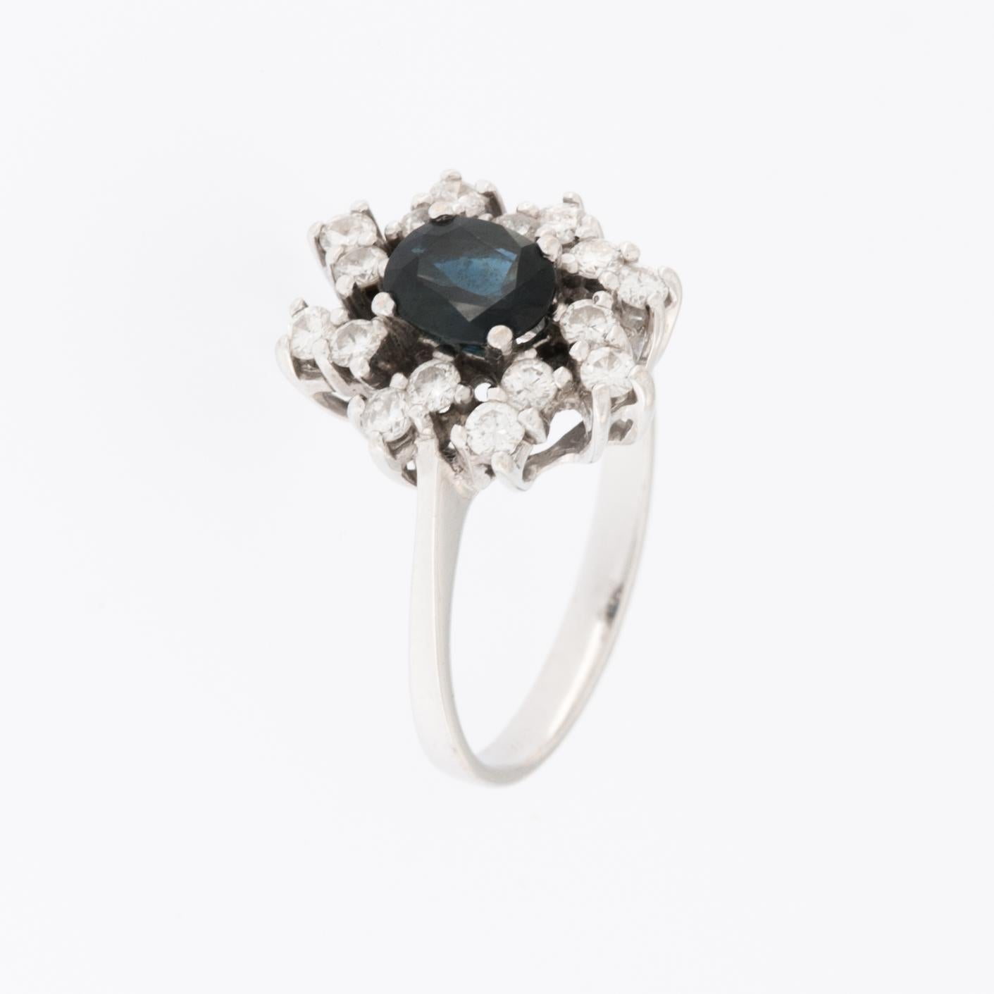Artist Belgian Vintage DIAMOND and BLUE SAPPHIRE 18 karat White Gold Ring For Sale