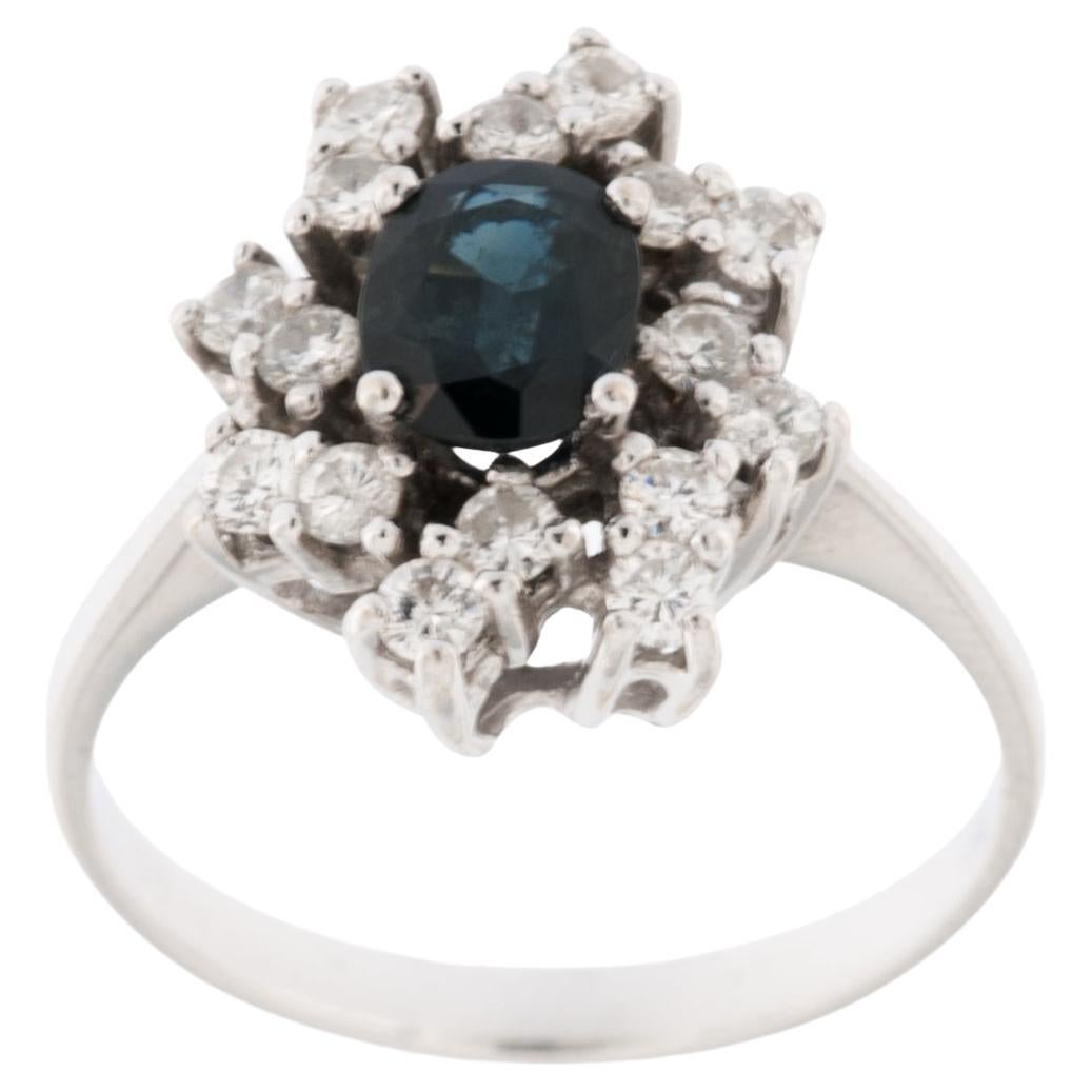 Anillo vintage belga de oro blanco de 18 quilates con DIAMANTE y ZAFIRO AZUL