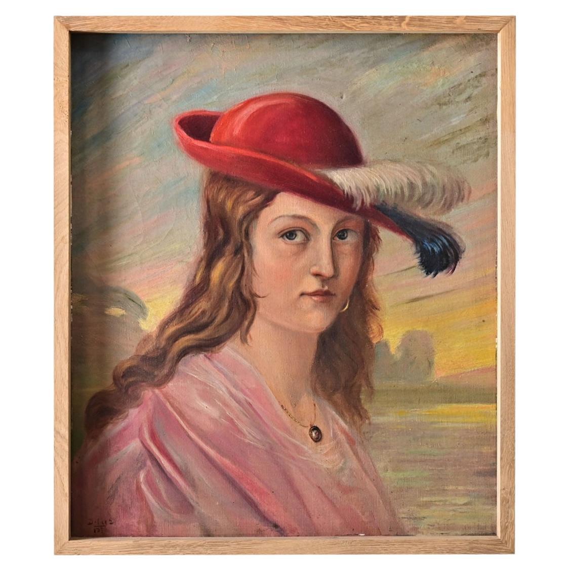 Vintage 20th Century Portrait Painting on Canvas, Modern Style, Signed