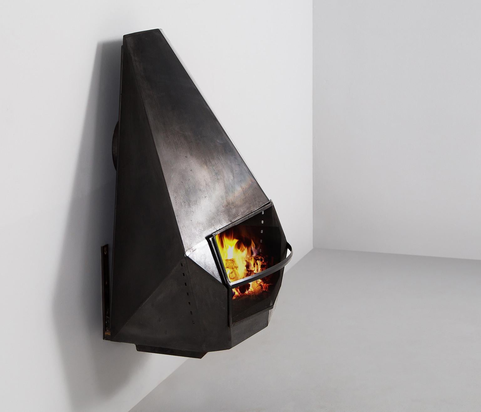 Late 20th Century Belgian Wall-Mounted Modern Fire Place in Sheet Steel For Sale