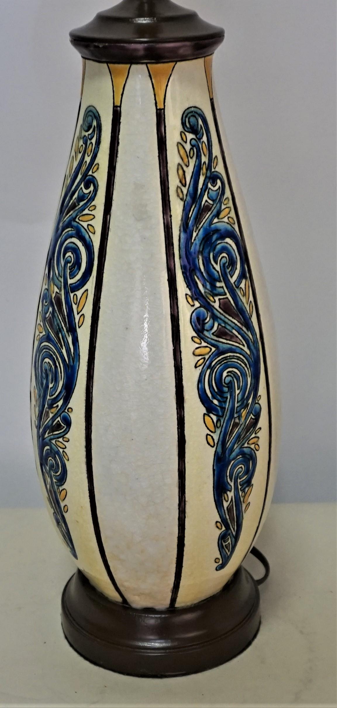 Lacquered Belgium Art Deco Ceramic Vase Electrified as a Lamp by Durfrene M. Mauritius