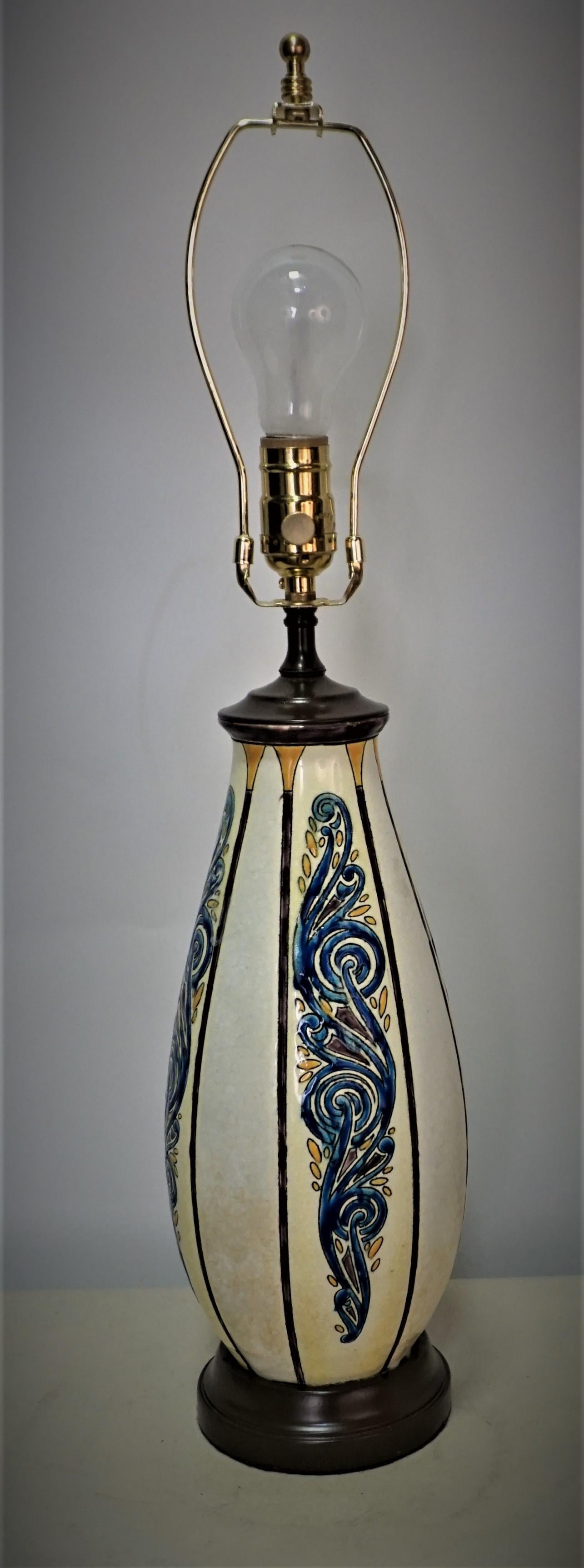 Belgium Art Deco Ceramic Vase Electrified as a Lamp by Durfrene M. Mauritius 1
