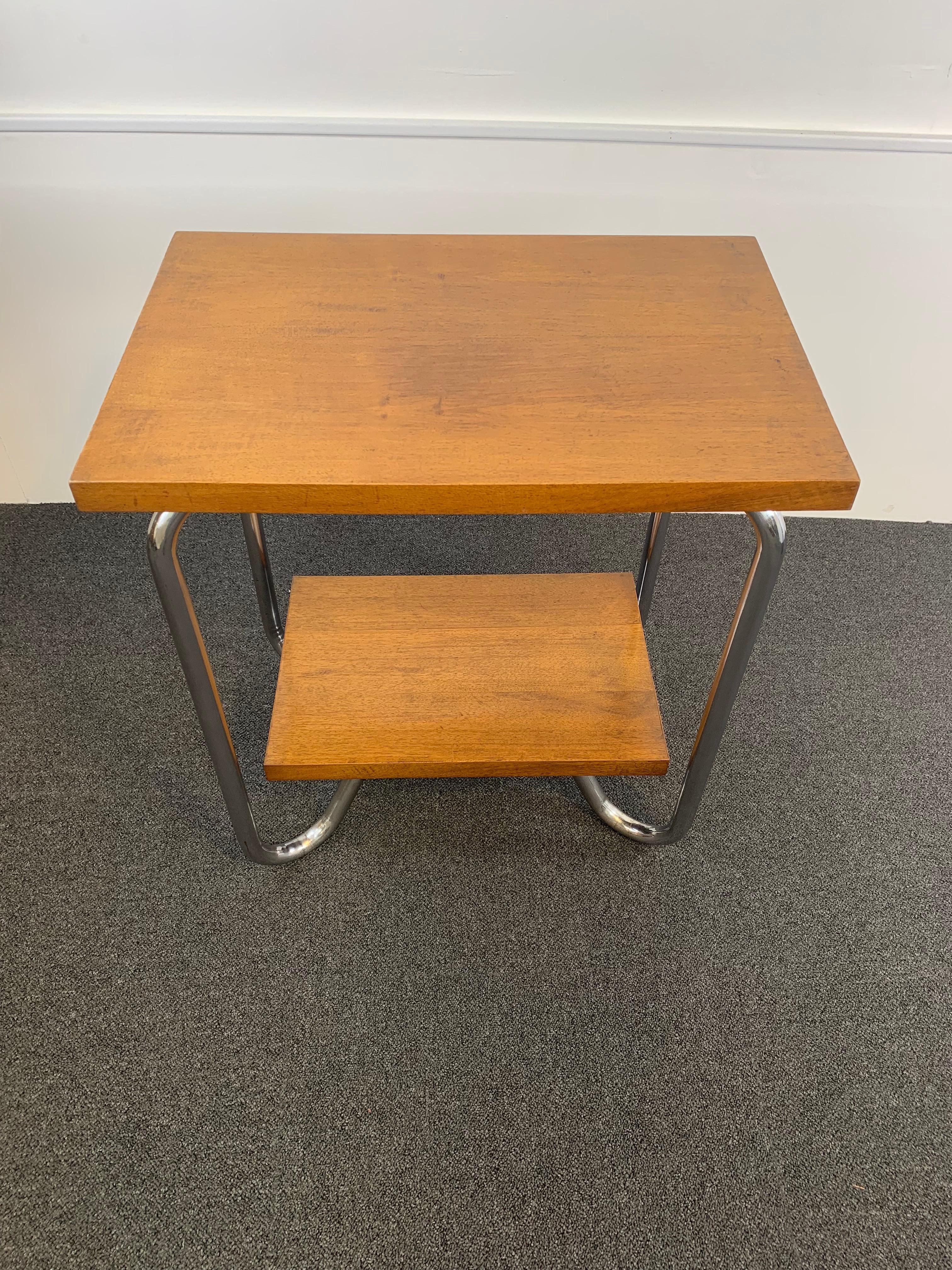 Belgian Belgium Art Deco Walnut and Chrome Tiered Side Table For Sale