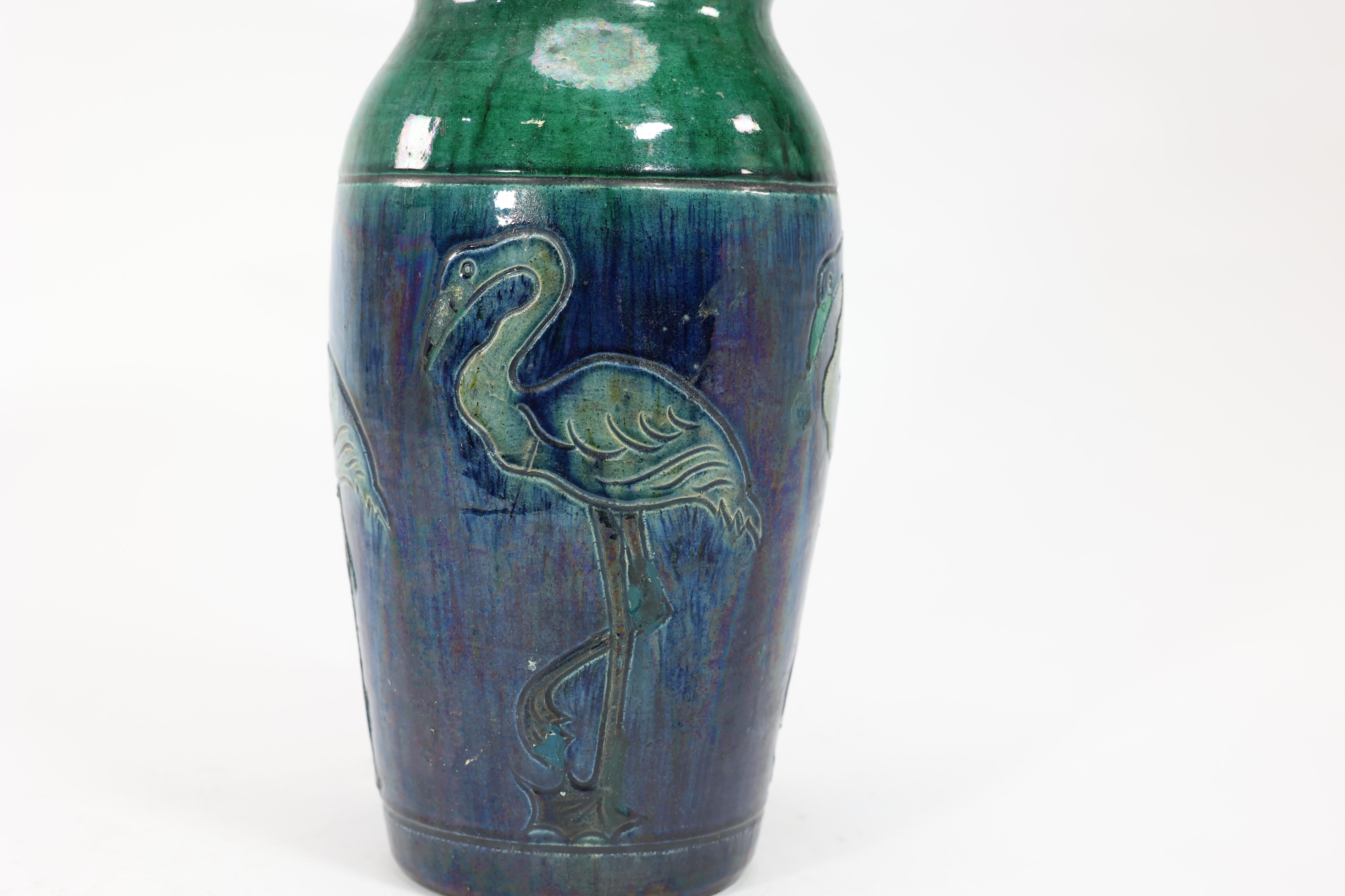 Belgian Belgium Art Pottery. Tall ceramic Arts & Crafts vase decorated with 5 Flamingos. For Sale