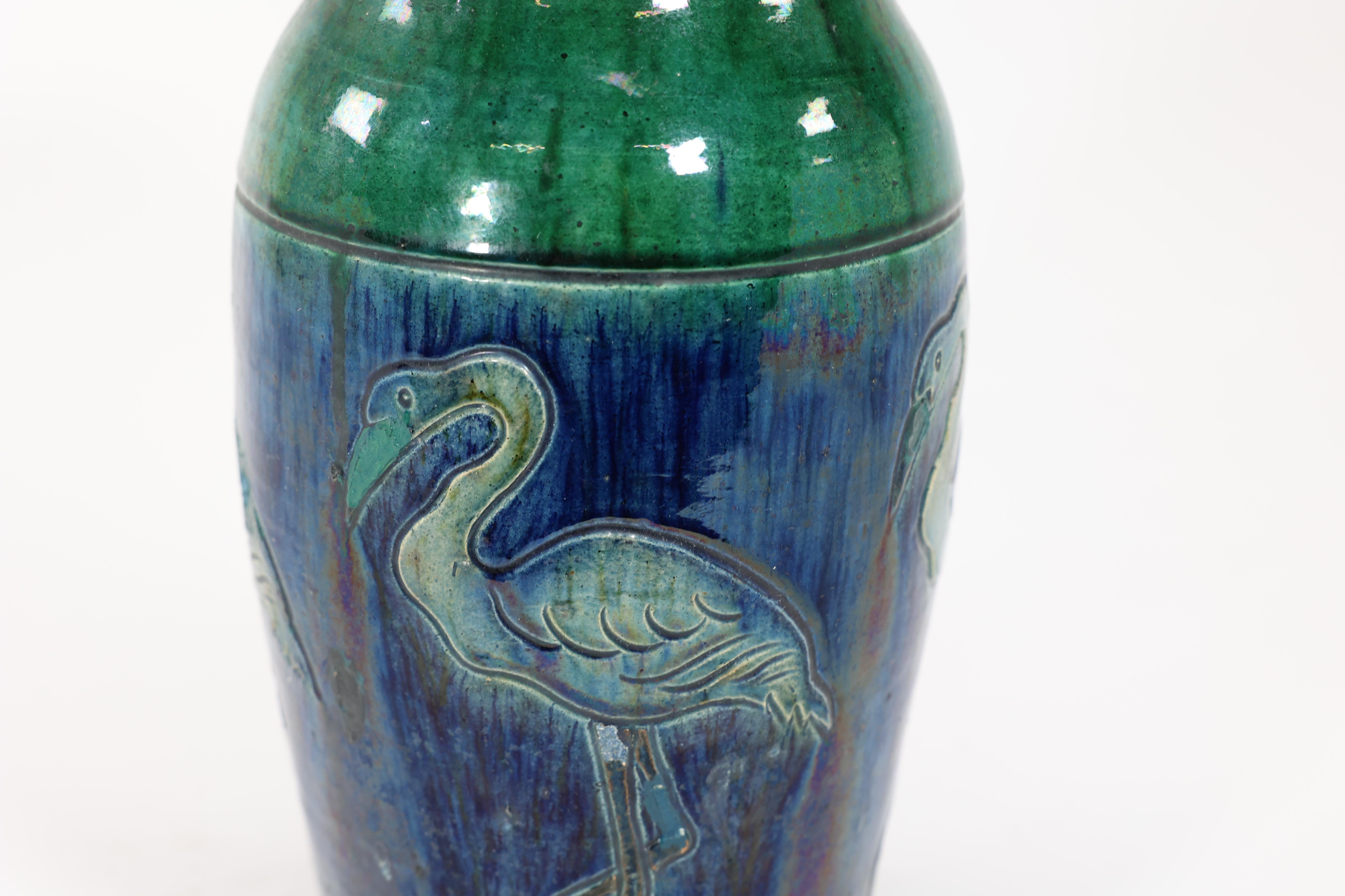 Belgium Art Pottery. Tall ceramic Arts & Crafts vase decorated with 5 Flamingos. In Good Condition For Sale In London, GB