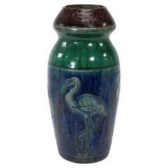 Antique Belgium Art Pottery. Tall ceramic Arts & Crafts vase decorated with 5 Flamingos.
