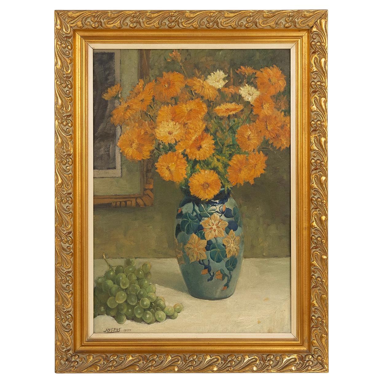 Belgium baroque painting of vase with flowers signed Jos Pas, 1944