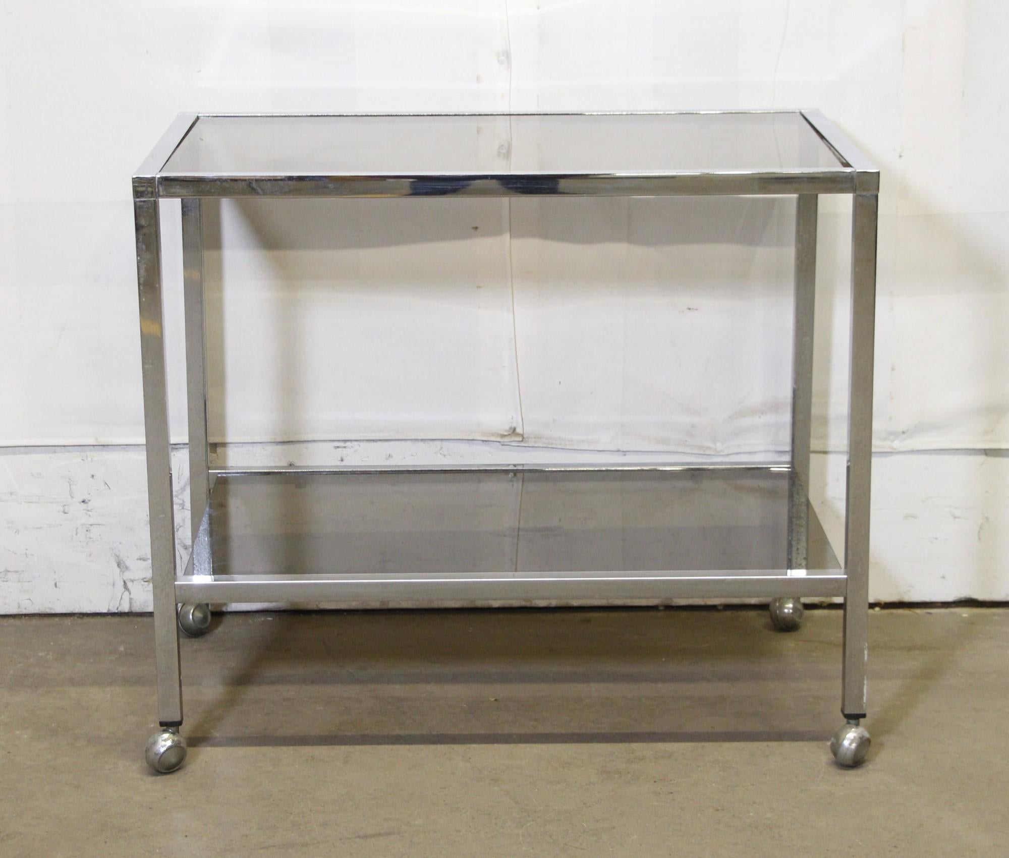 European Belgo Chrome Mid-Century Modern Steel Bar Cart w/ Smoked Glass Shelves