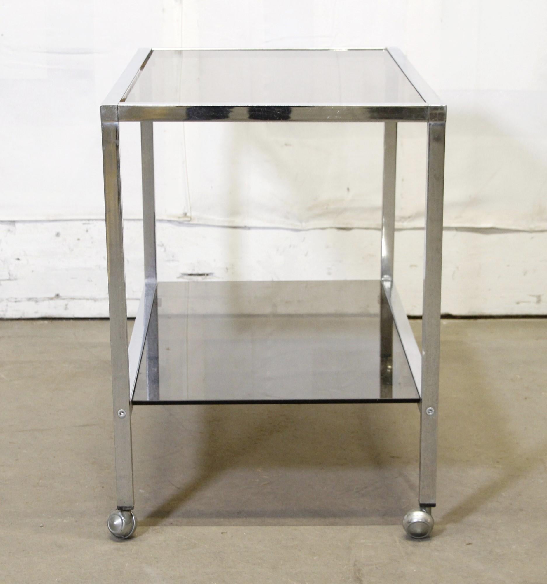 Plated Belgo Chrome Mid-Century Modern Steel Bar Cart w/ Smoked Glass Shelves