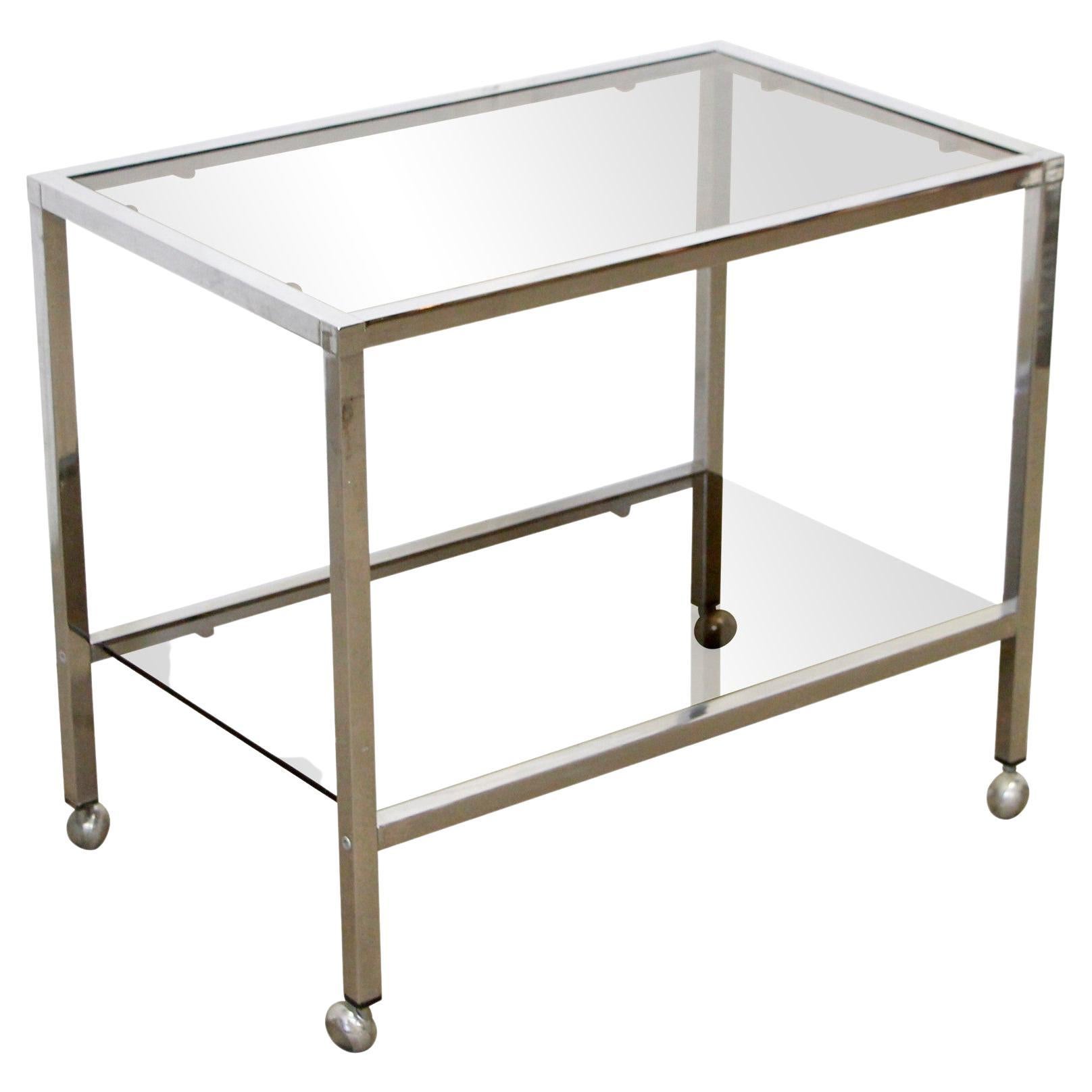 Belgo Chrome Mid-Century Modern Steel Bar Cart w/ Smoked Glass Shelves