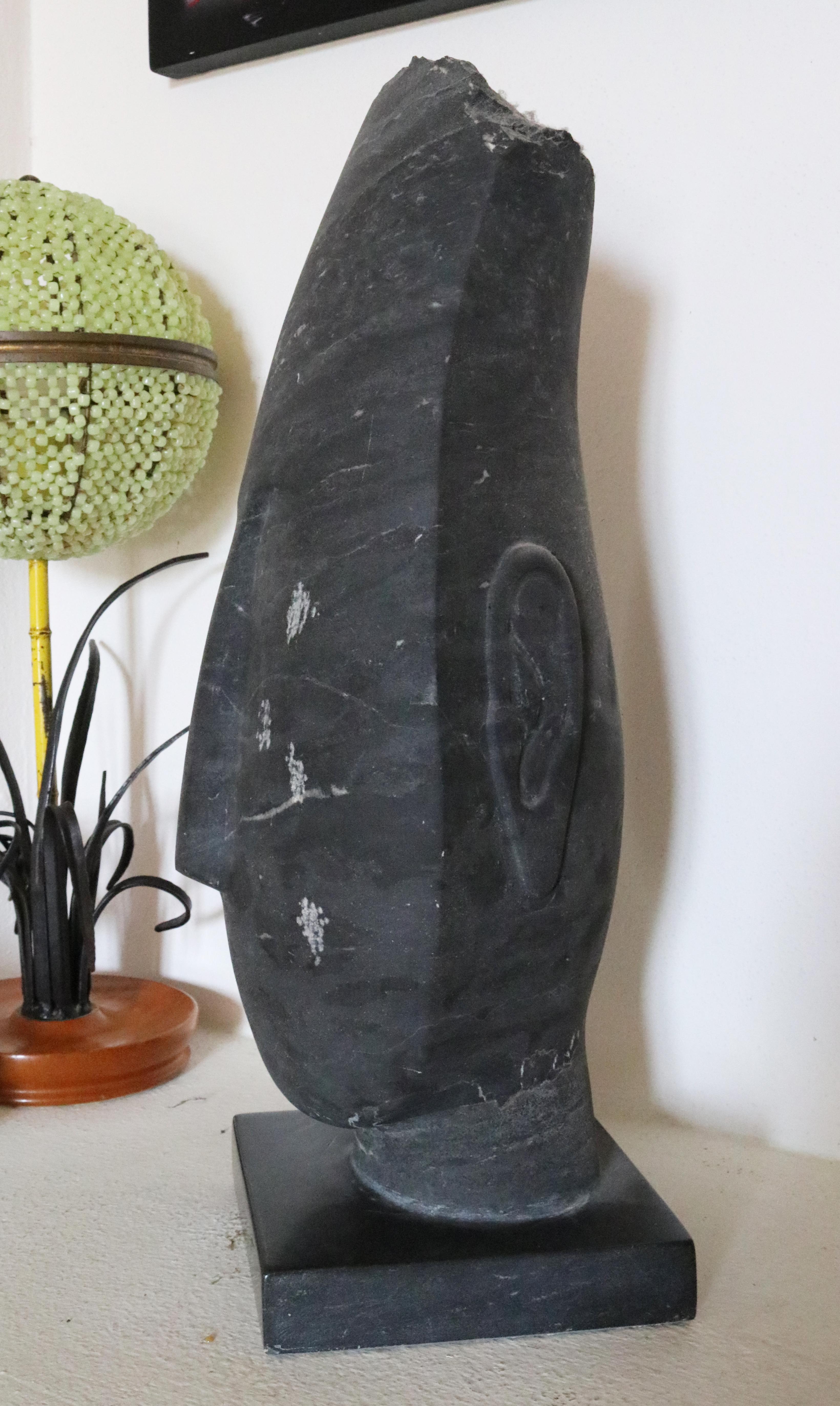 Hand-Carved Belgium Black Marble Modern Abstract Figurative Bust with Square Base For Sale