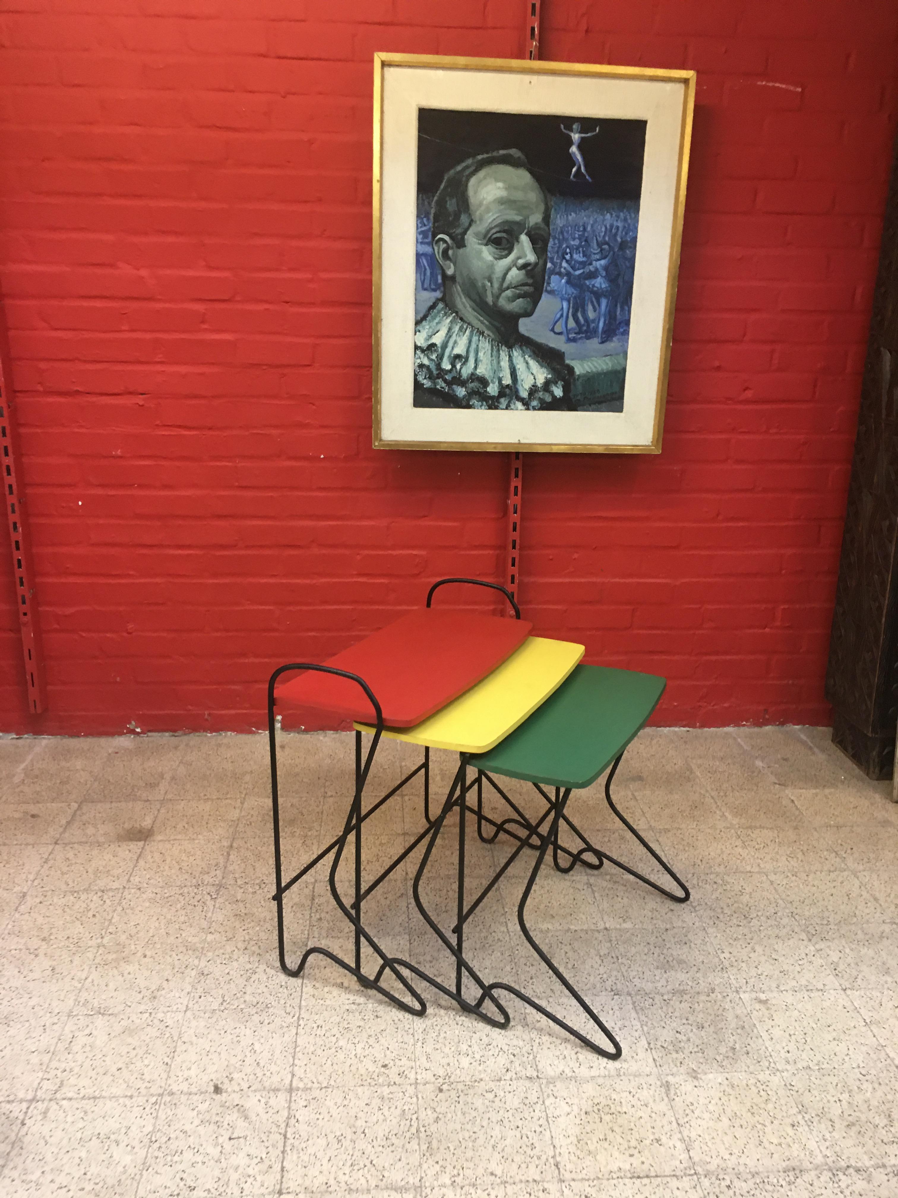 Belgian Belgium Design, Set of Three Nesting Tables Metal and Lacquered Wood, circa 1950 For Sale