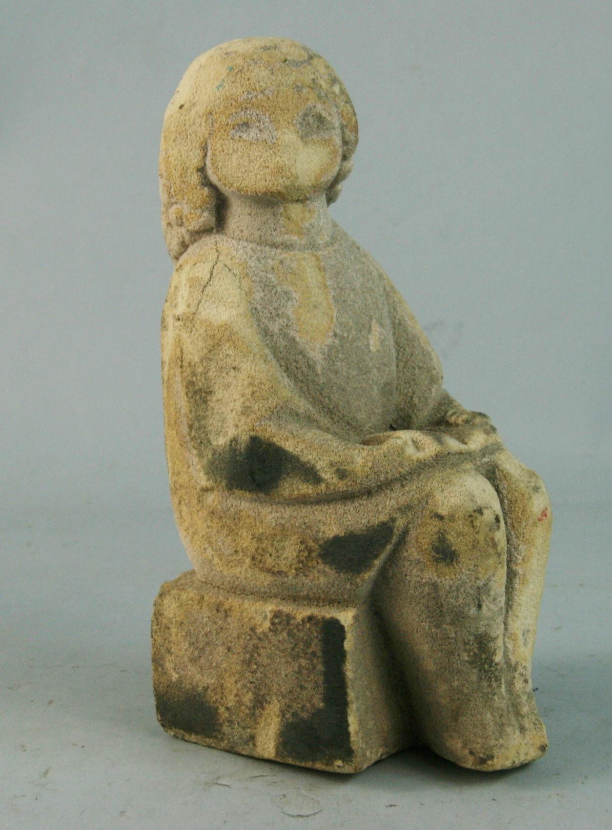 3-767 Limestone female sculpture with makers mark on bottom.