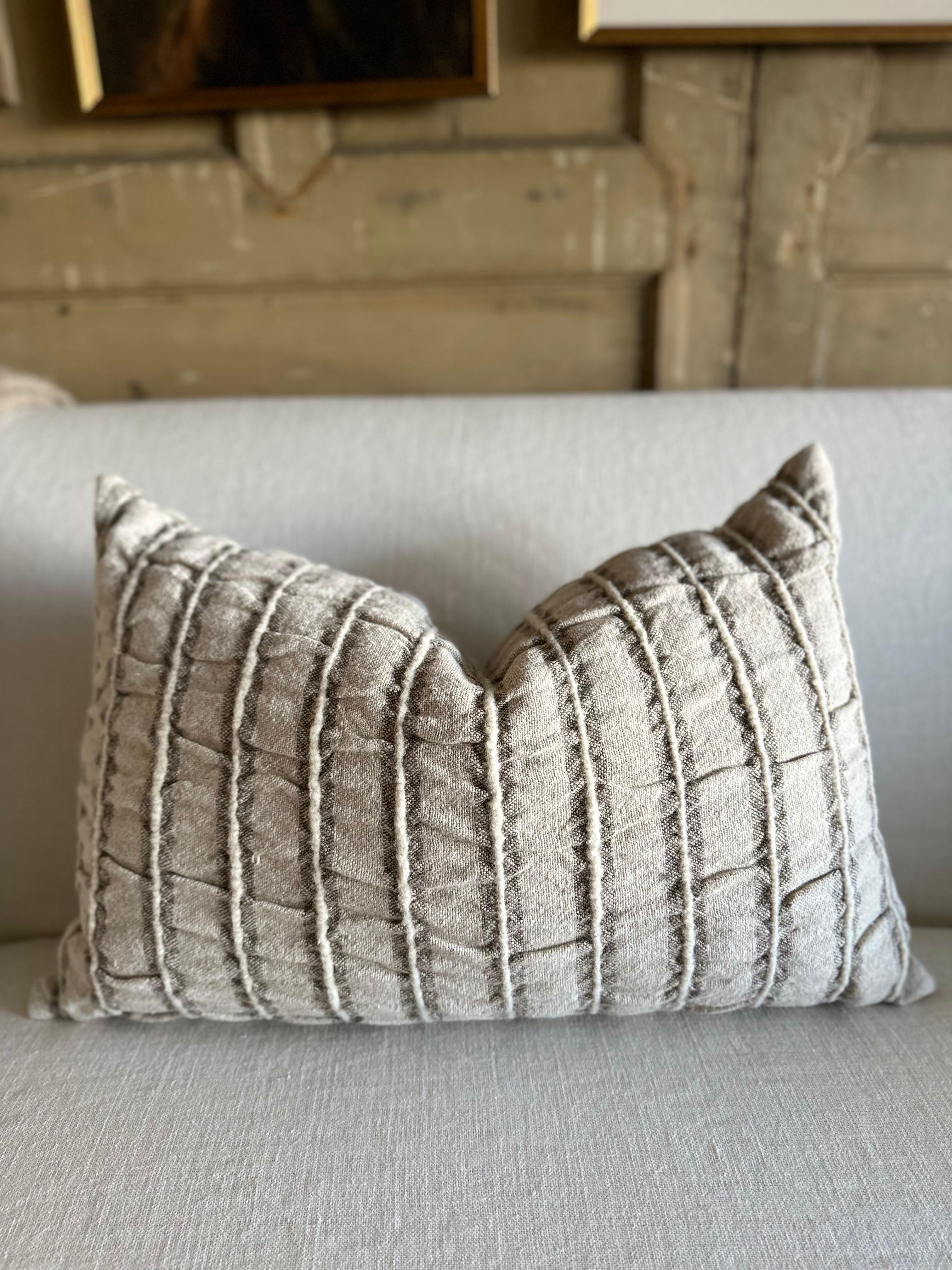 Organic Modern Belgium Linen and Wool Pillow in Gray Stripe Lumbar For Sale