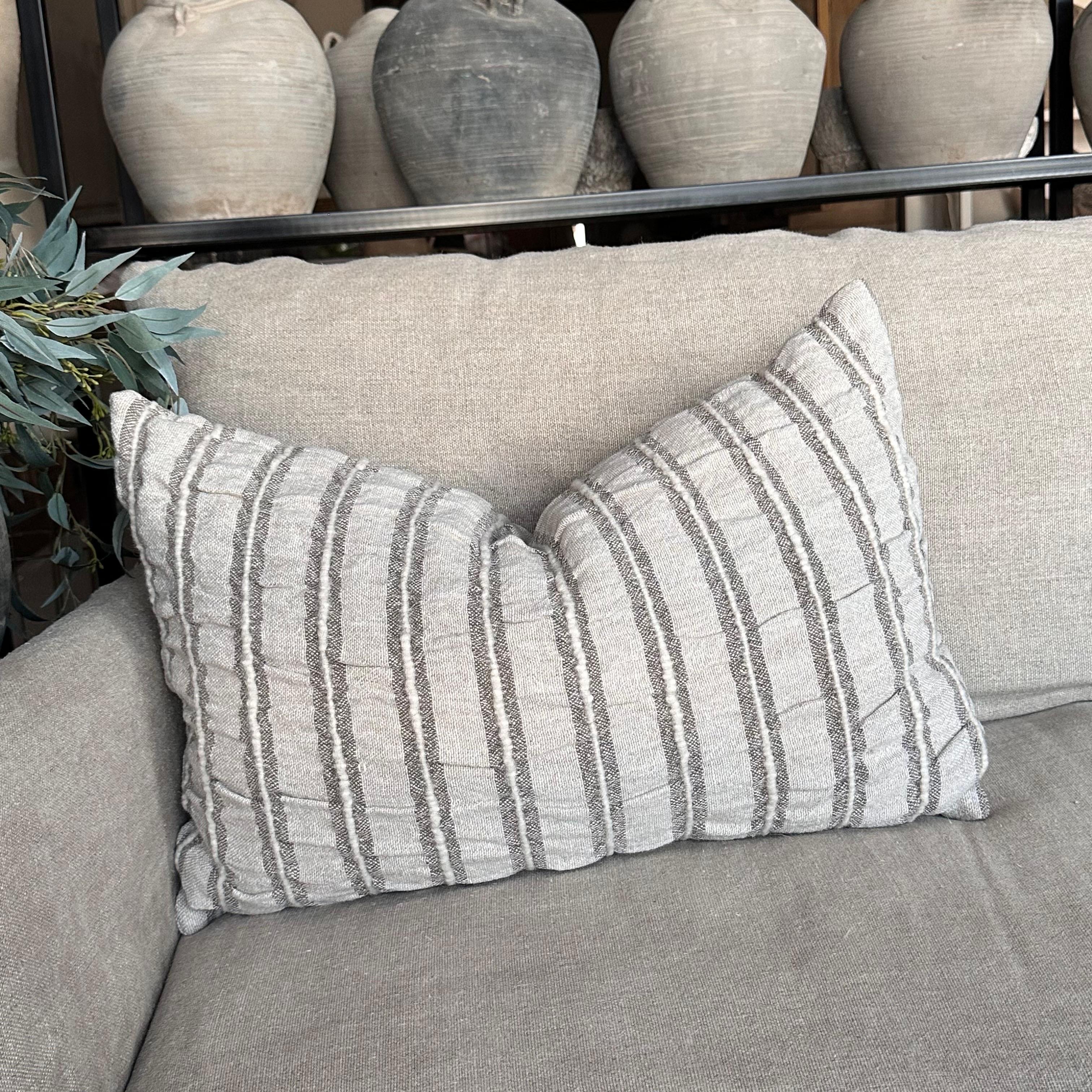 Belgium Linen and Wool Pillow in Gray Stripe Lumbar For Sale 1