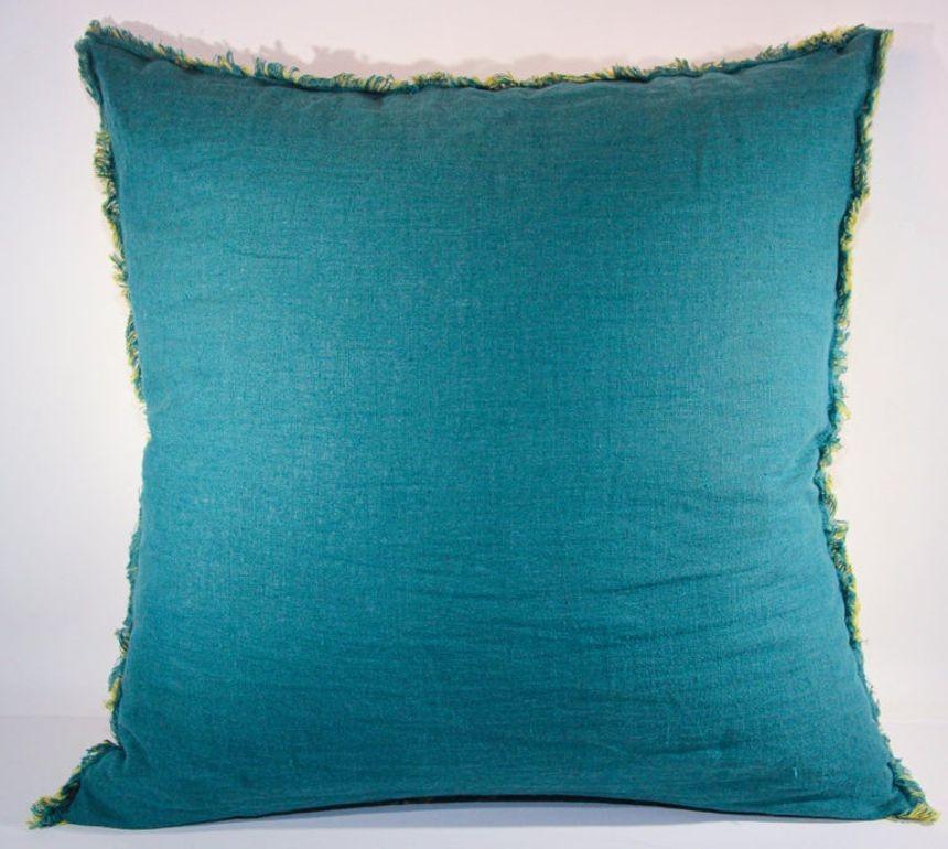 French Provincial Belgium Linen Blue and Yellow Throw Pillow For Sale