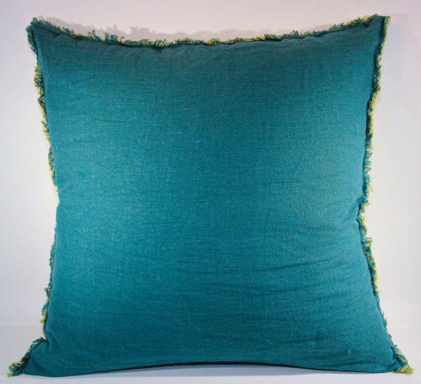 Hand-Crafted Belgium Linen Blue and Yellow Throw Pillow For Sale