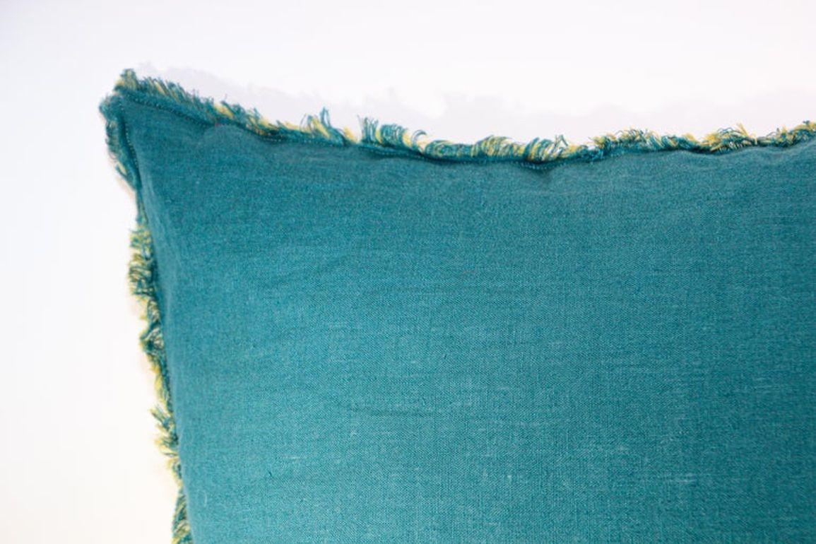 Belgium Linen Blue and Yellow Throw Pillow In Good Condition For Sale In North Hollywood, CA