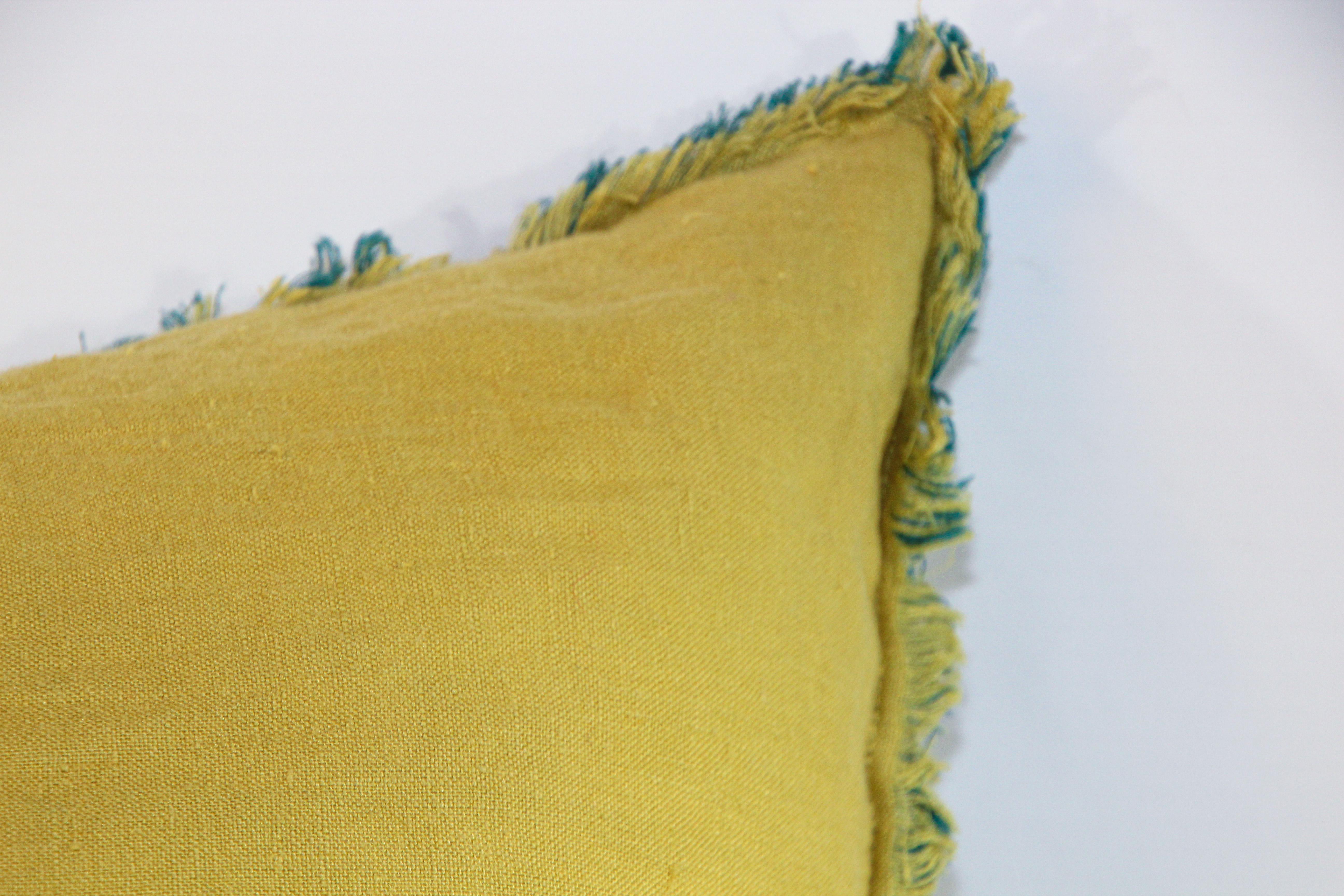 Belgium Linen Covered Blue and Yellow Throw Pillow For Sale 3