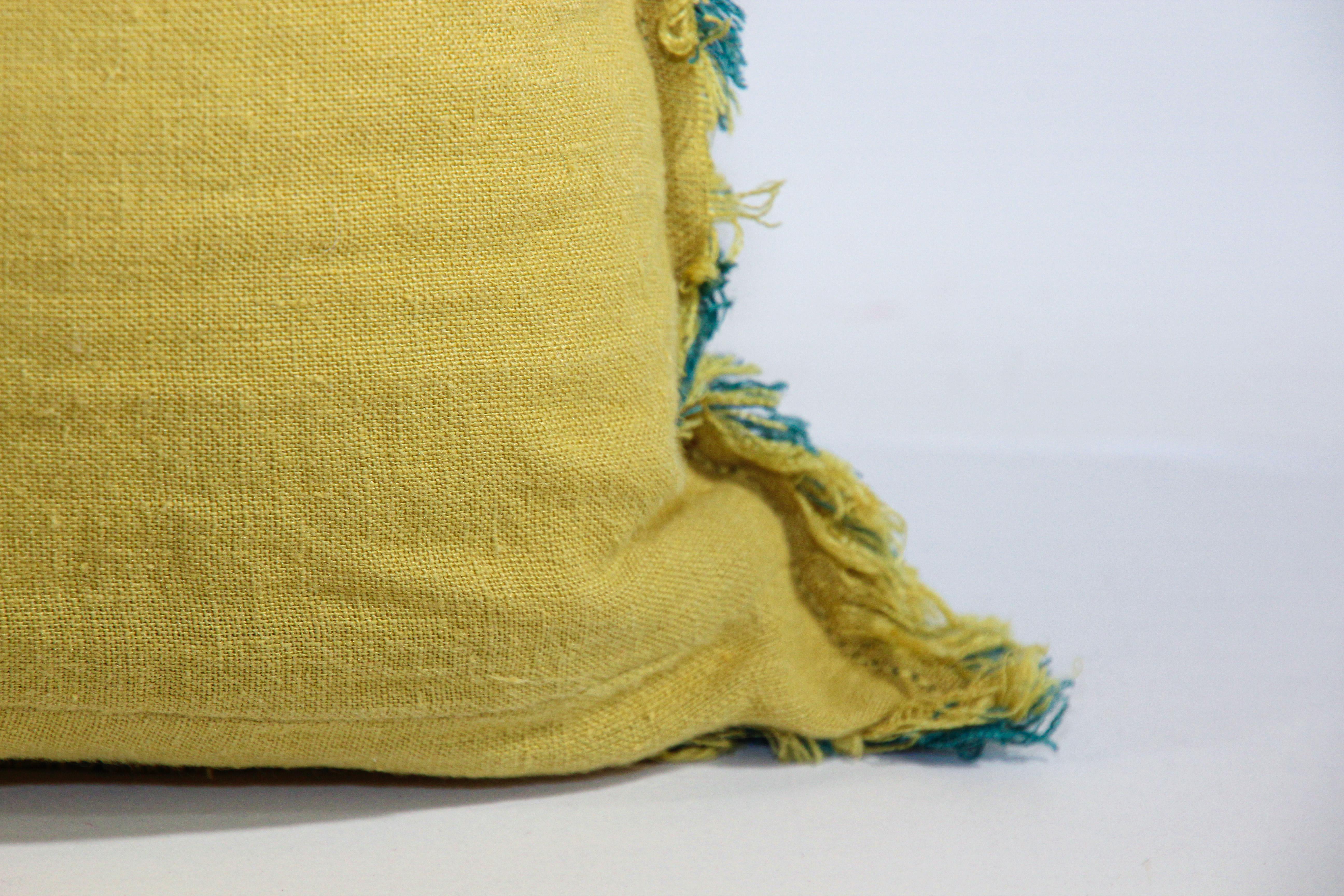 Belgium Linen Covered Blue and Yellow Throw Pillow For Sale 4