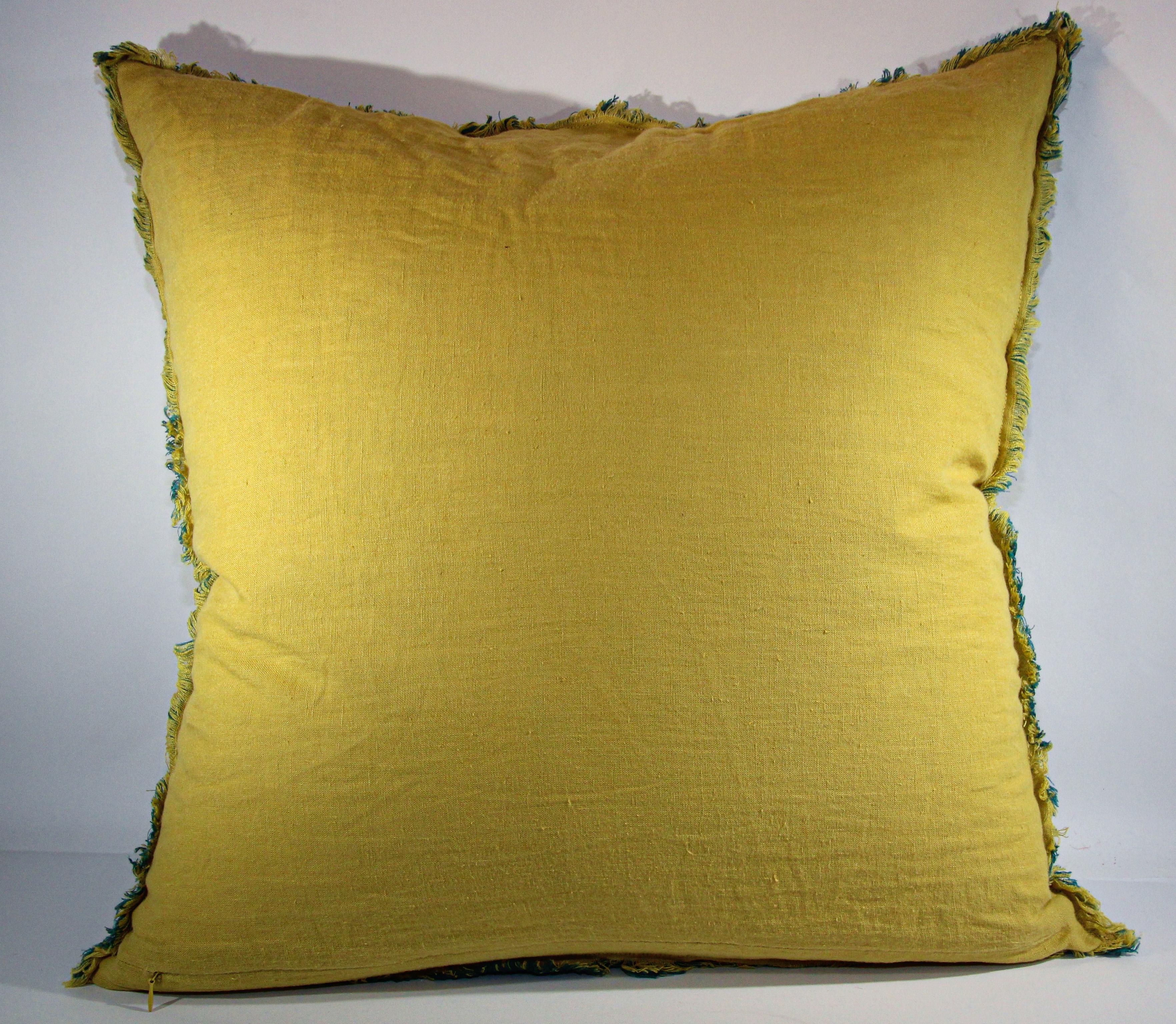Belgium Linen Covered Blue and Yellow Throw Pillow For Sale 5