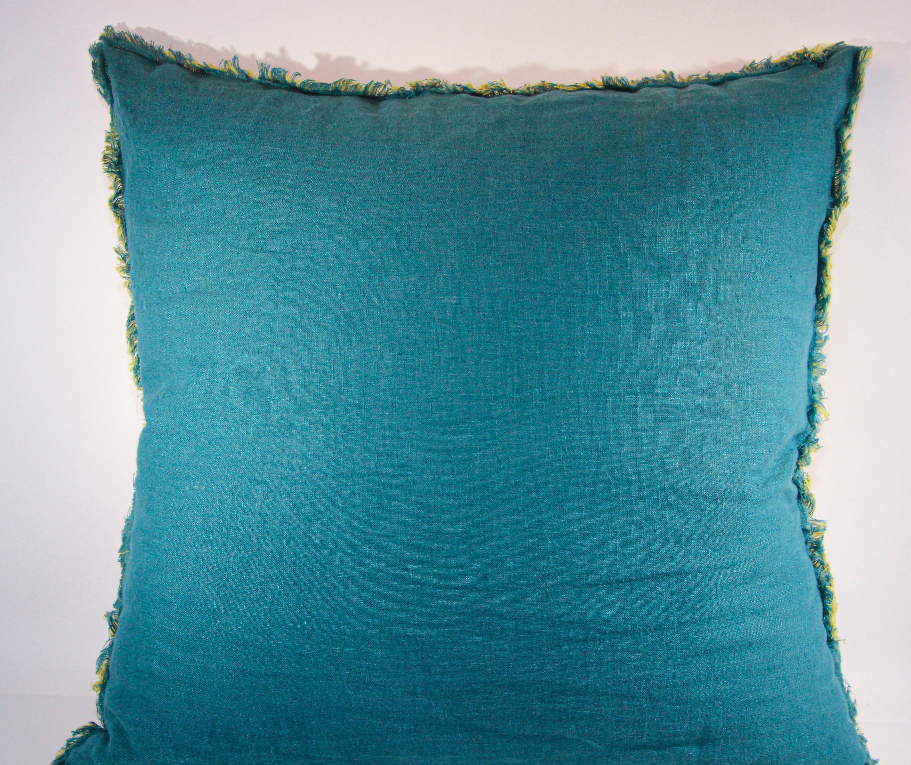 Belgian Belgium Linen Covered Blue and Yellow Throw Pillow For Sale