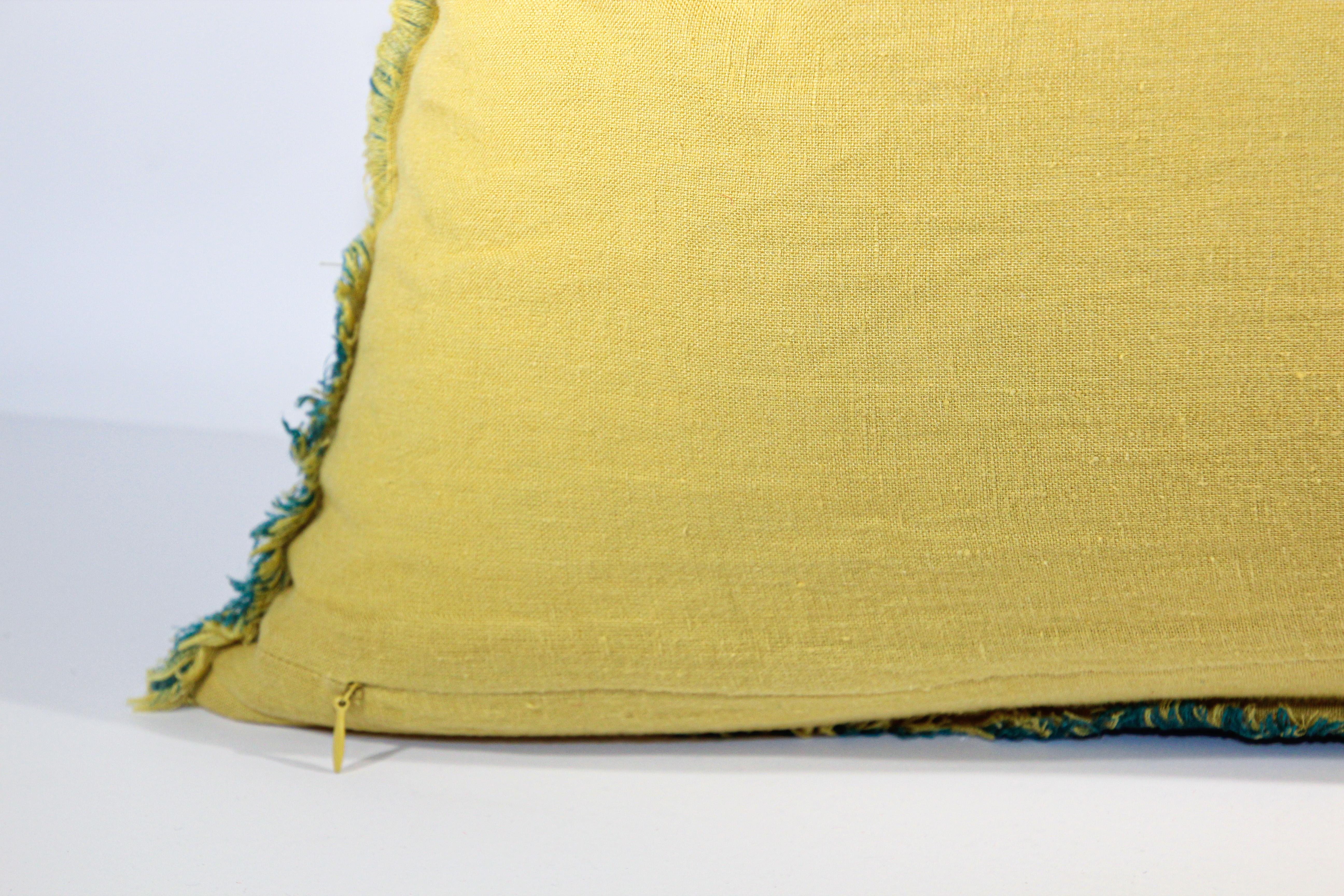 Belgium Linen Covered Blue and Yellow Throw Pillow For Sale 2