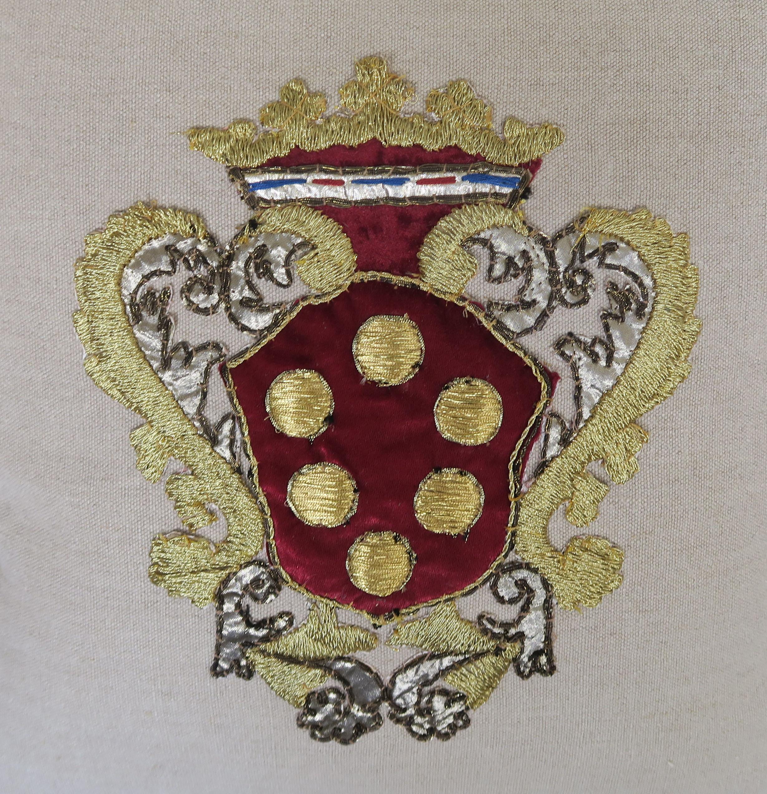Baroque Belgium Linen Pillows with Metallic and Velvet Shield Appliques