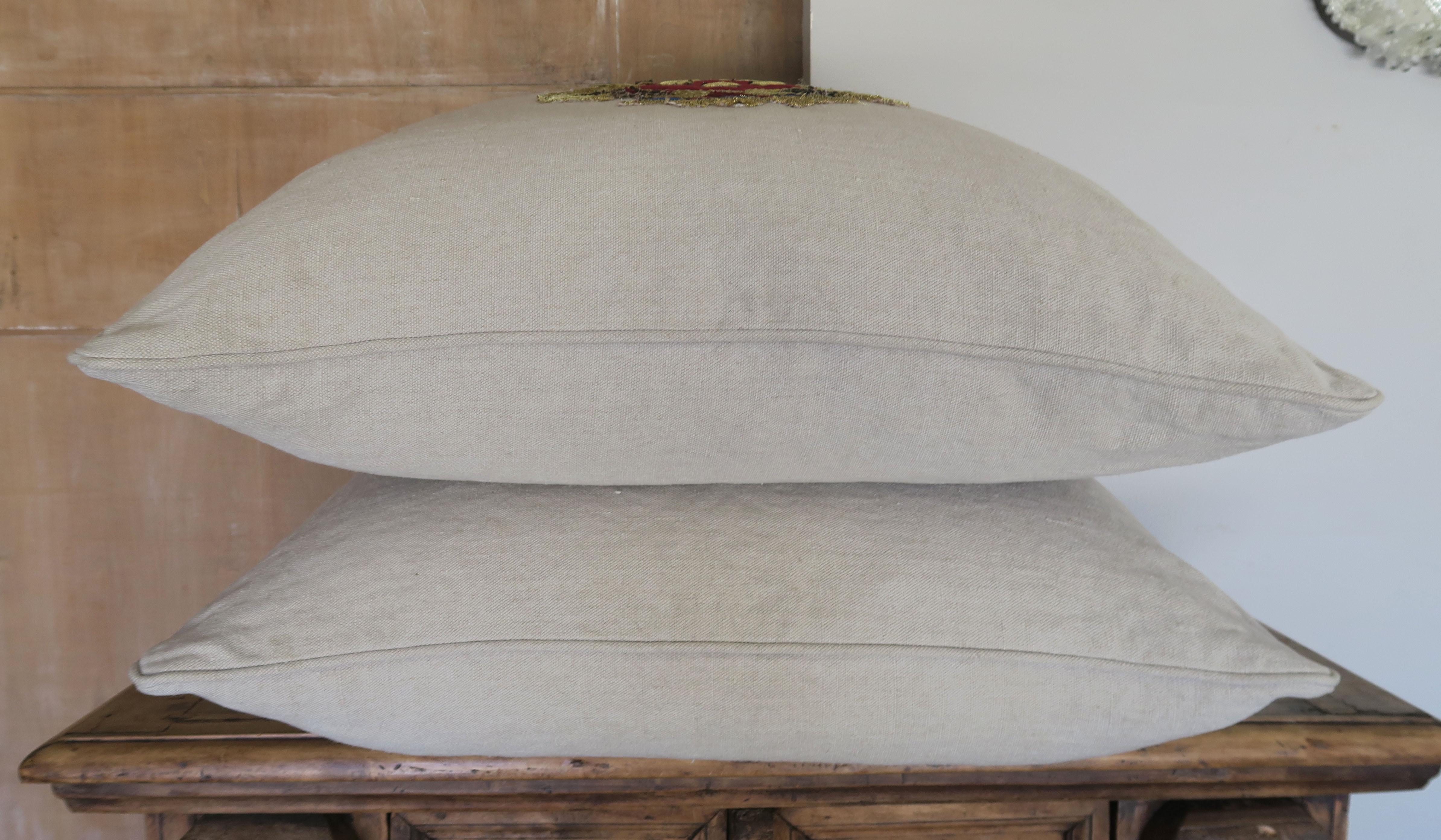 Belgium Linen Pillows with Metallic and Velvet Shield Appliques In Distressed Condition In Los Angeles, CA