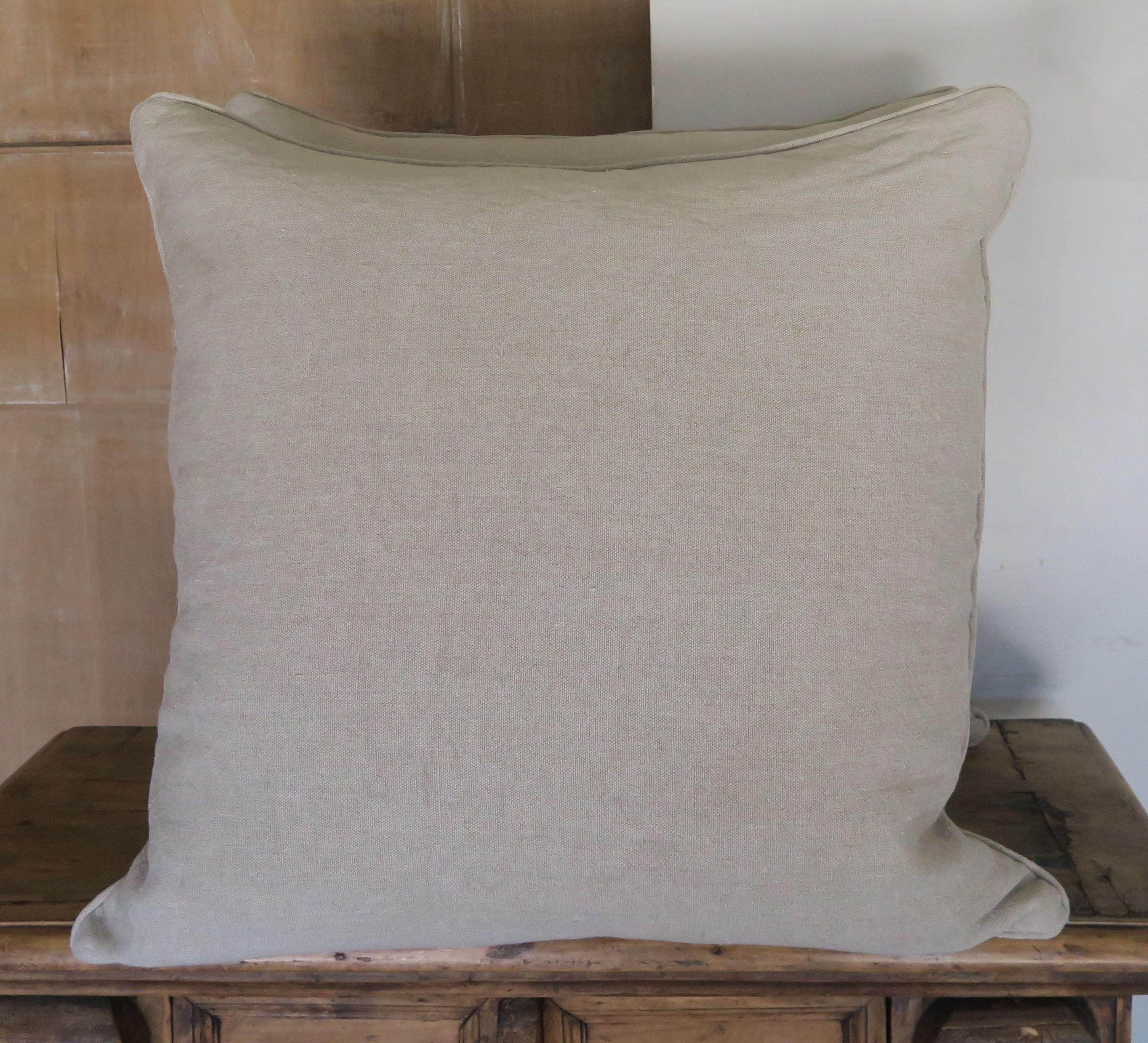 20th Century Belgium Linen Pillows with Metallic and Velvet Shield Appliques