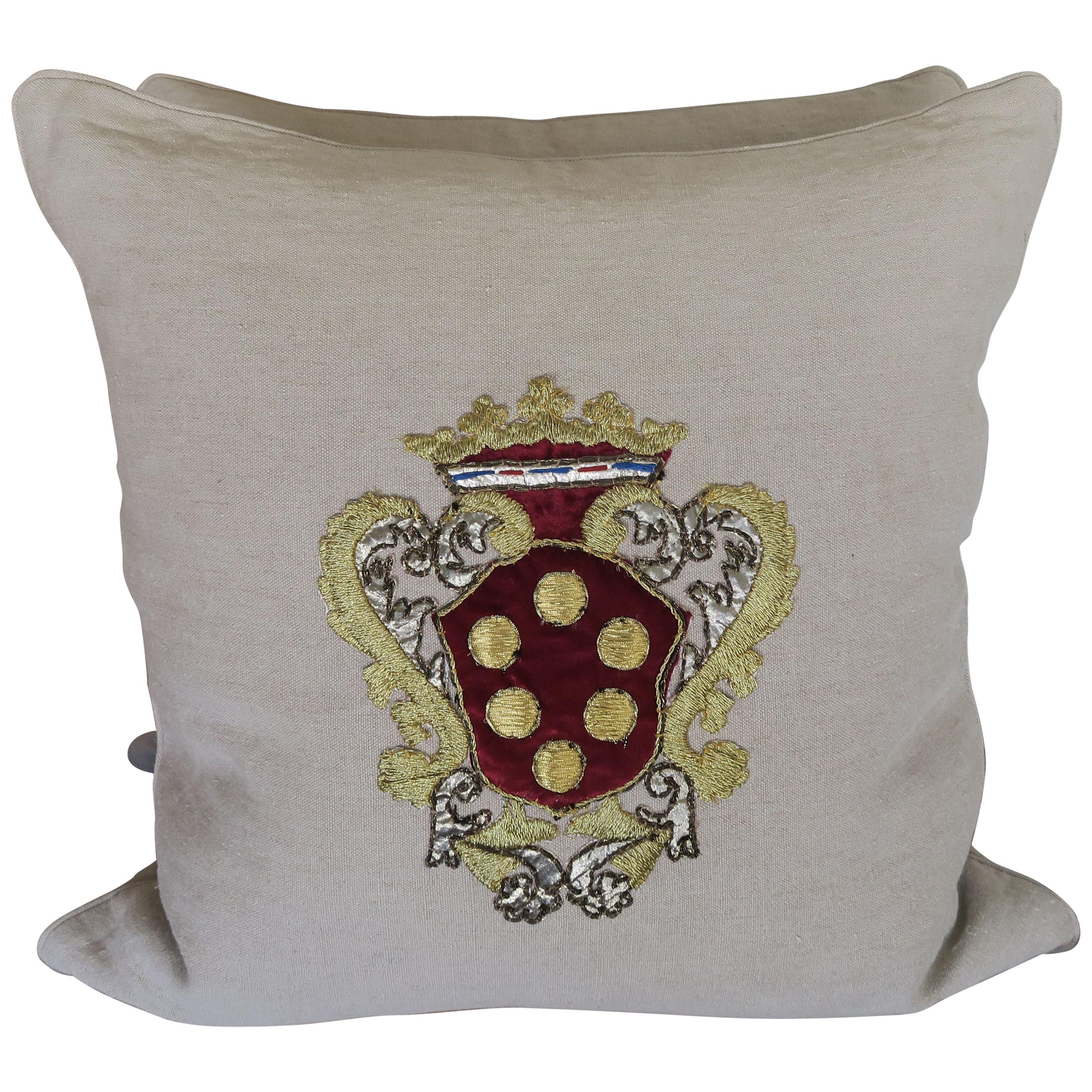 Belgium Linen Pillows with Metallic and Velvet Shield Appliques