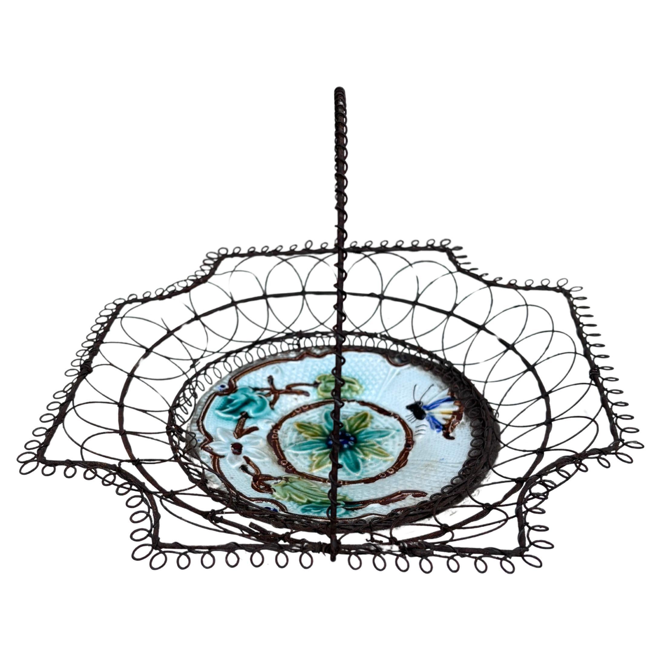 Country Belgium Majolica Wire Butterfly & Flowers Basket, circa 1900 For Sale
