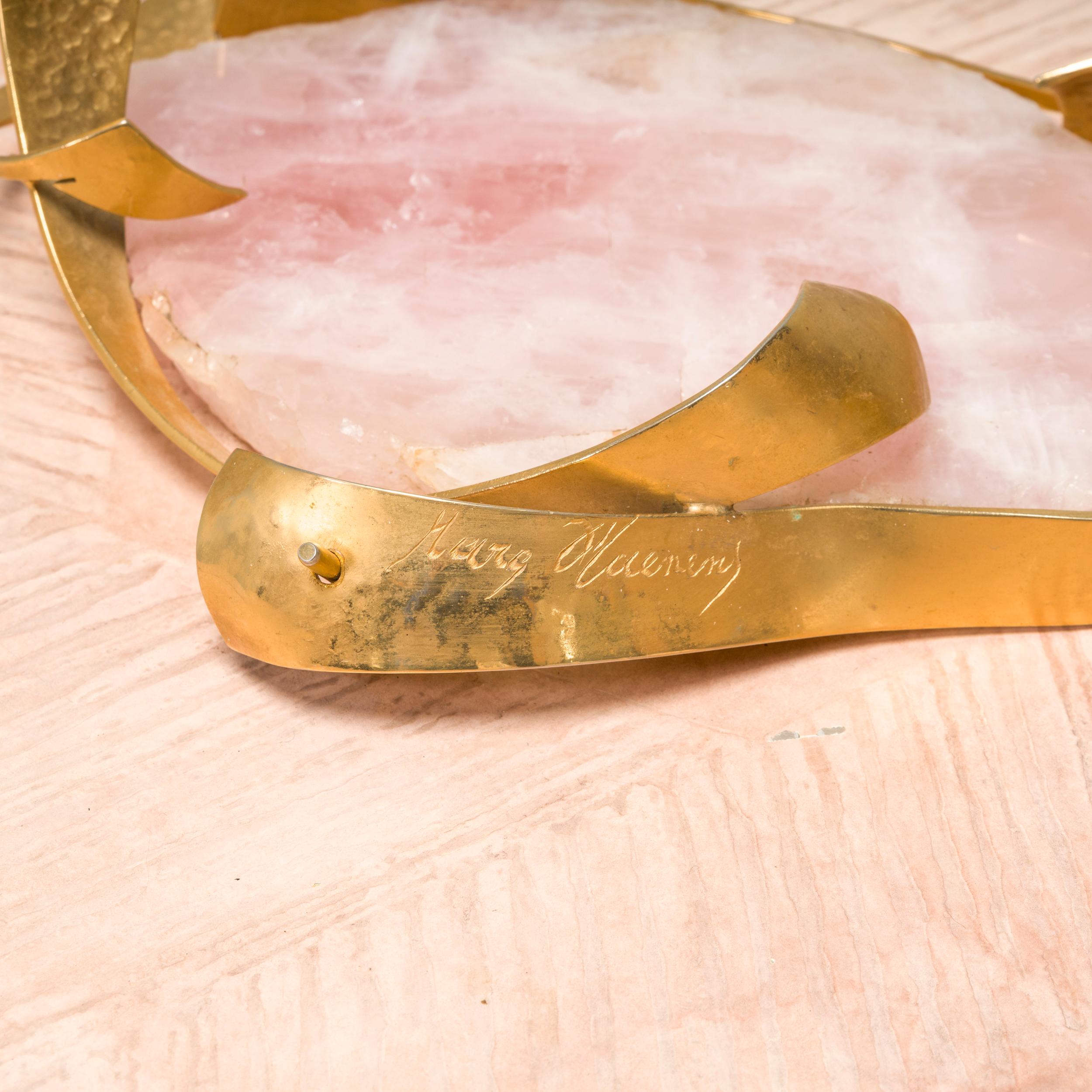Late 20th Century Belgium Marc D'haenens Pink Round Coffee Table, Quartz and Brass For Sale