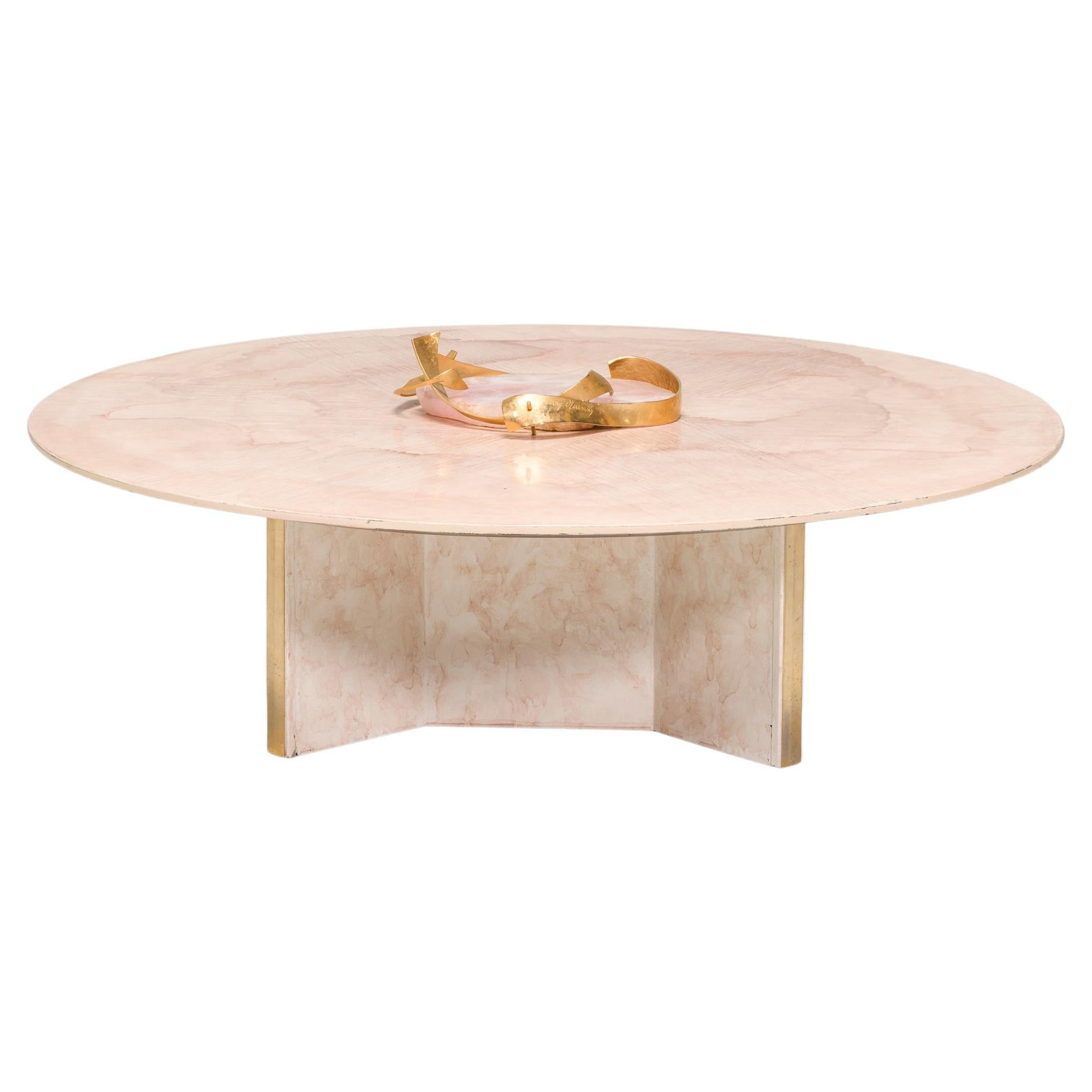 Table basse ronde rose Marc D'haenens, quartz et laiton