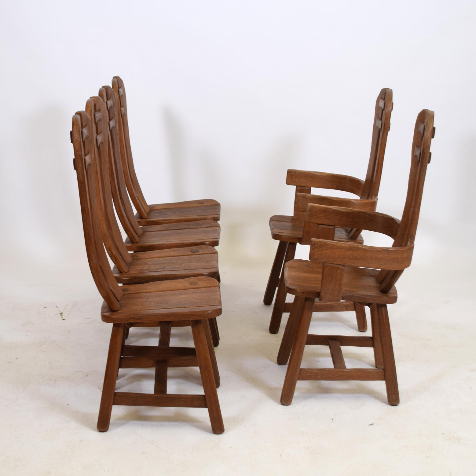 Belgian Belgium Oak Brutalist Mid-Century Chairs by De Puydt
