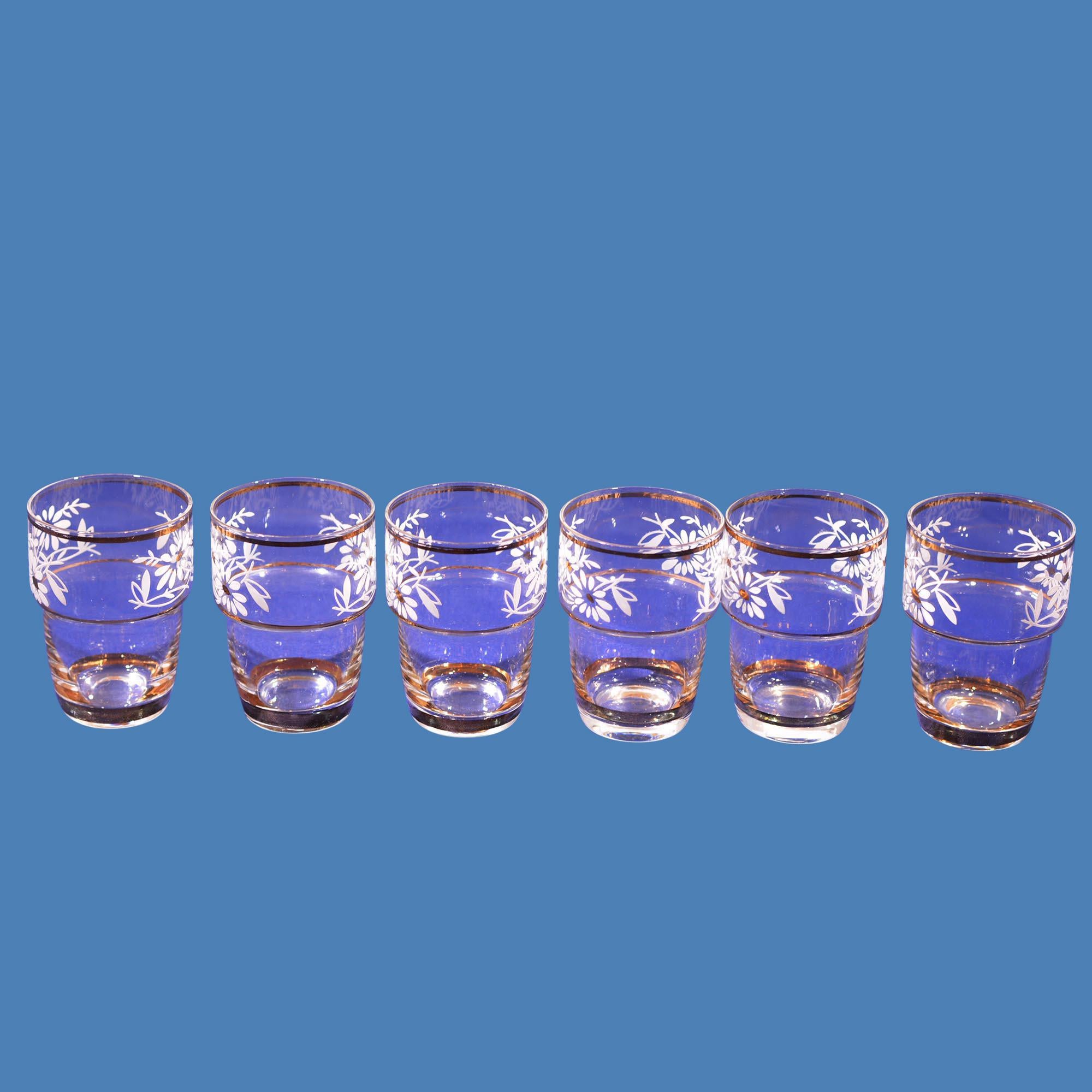 20th Century Belgium Shot Glass Set of 6 Hand Blown Hand Painted 24-Karat Gold Accent