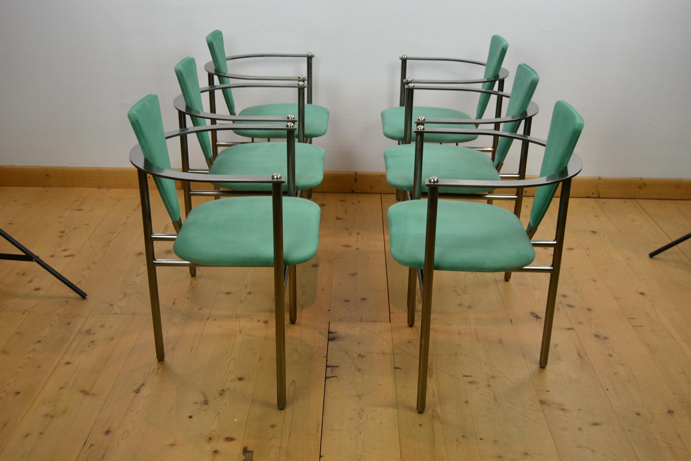 Belgo Chrome Armchairs Green Alcantara and Steel, Set of 6, Belgium, 1970s 3