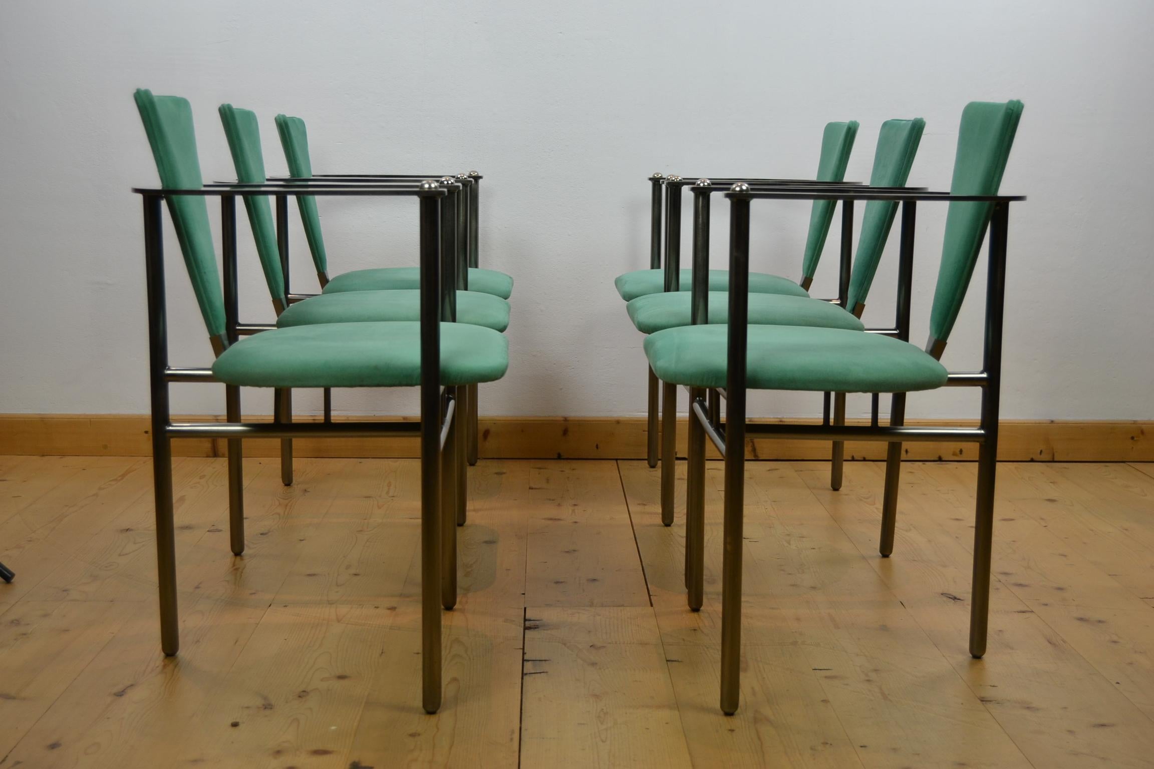 Belgo Chrome Armchairs Green Alcantara and Steel, Set of 6, Belgium, 1970s 4
