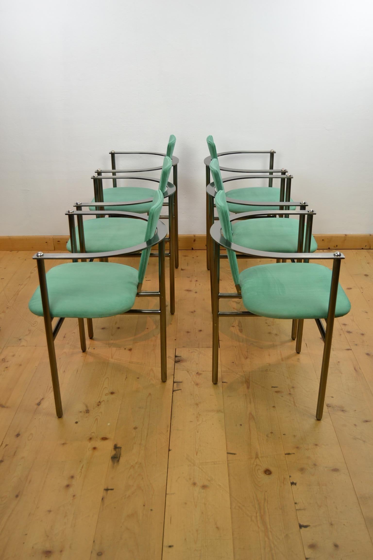 Belgo Chrome Armchairs Green Alcantara and Steel, Set of 6, Belgium, 1970s 5