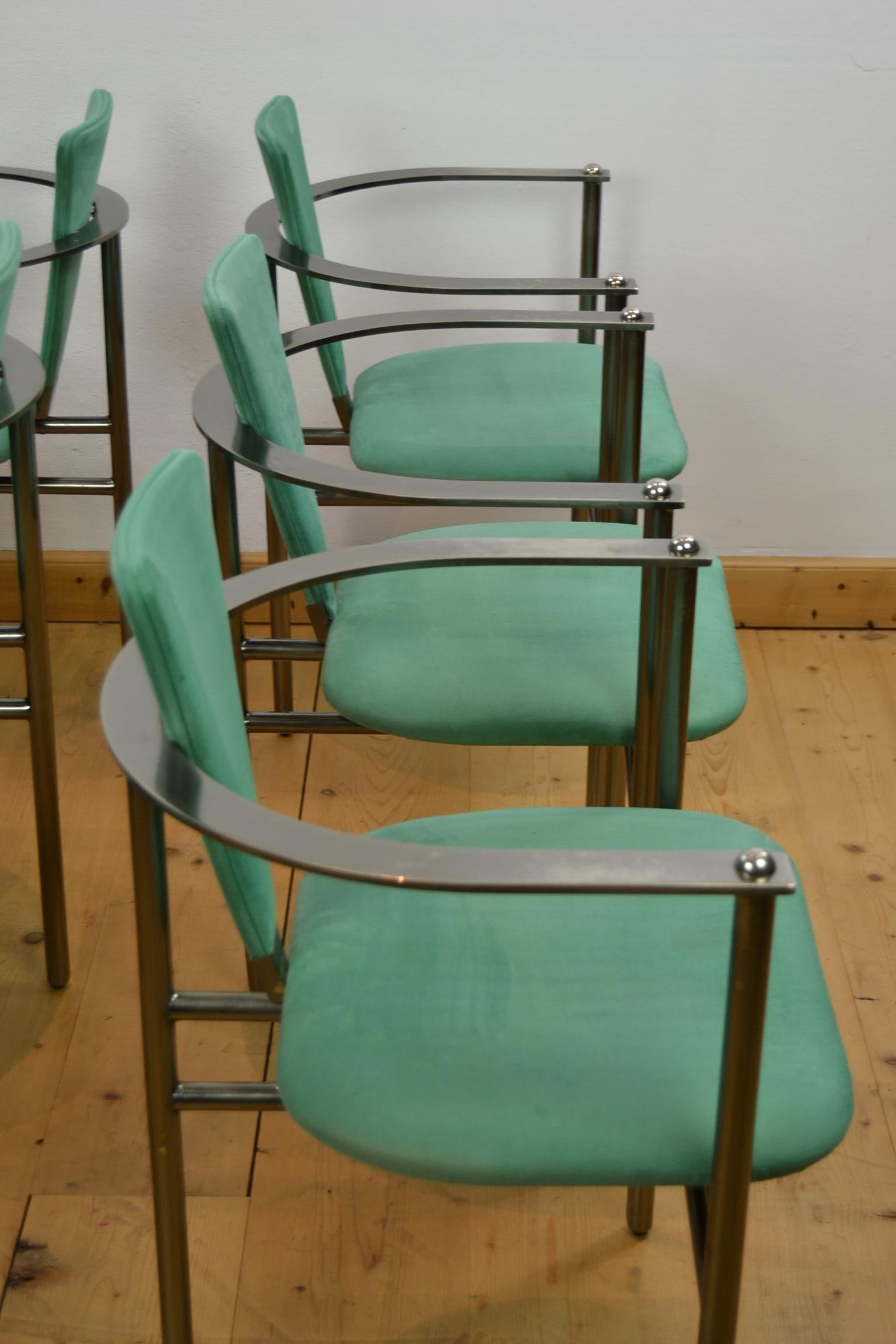 Belgo Chrome Armchairs Green Alcantara and Steel, Set of 6, Belgium, 1970s 7