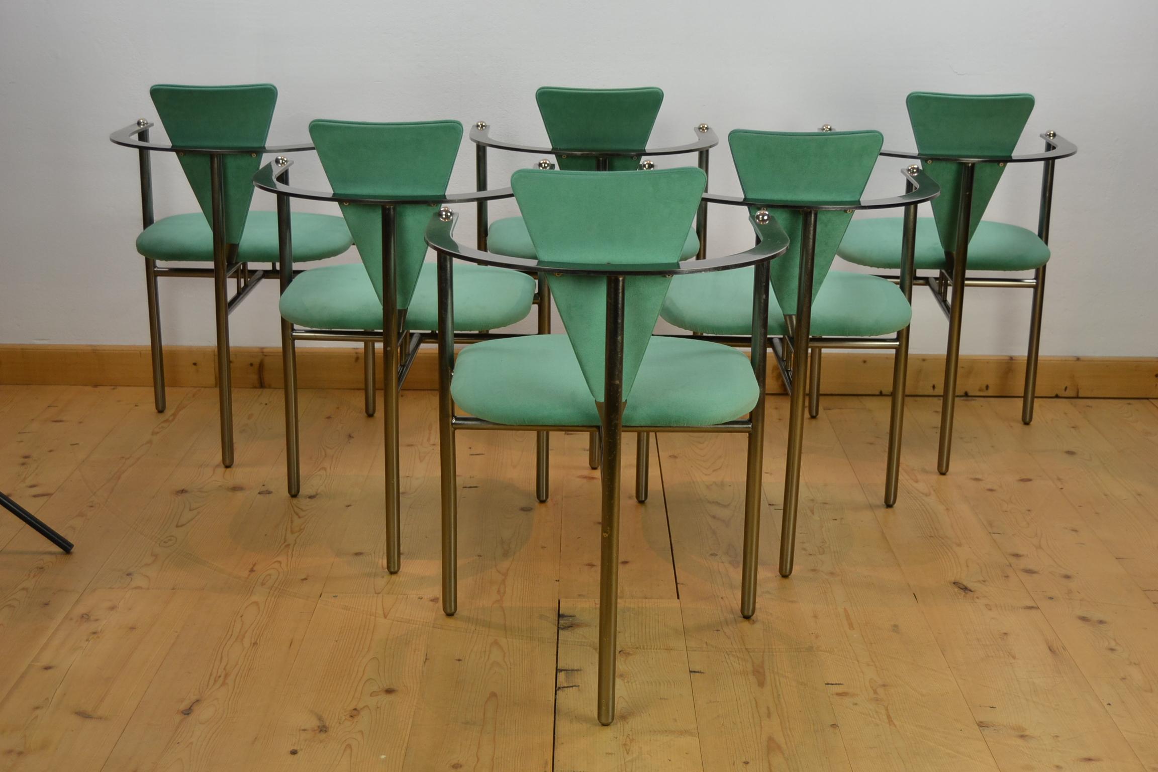 Belgo Chrome Armchairs Green Alcantara and Steel, Set of 6, Belgium, 1970s 10
