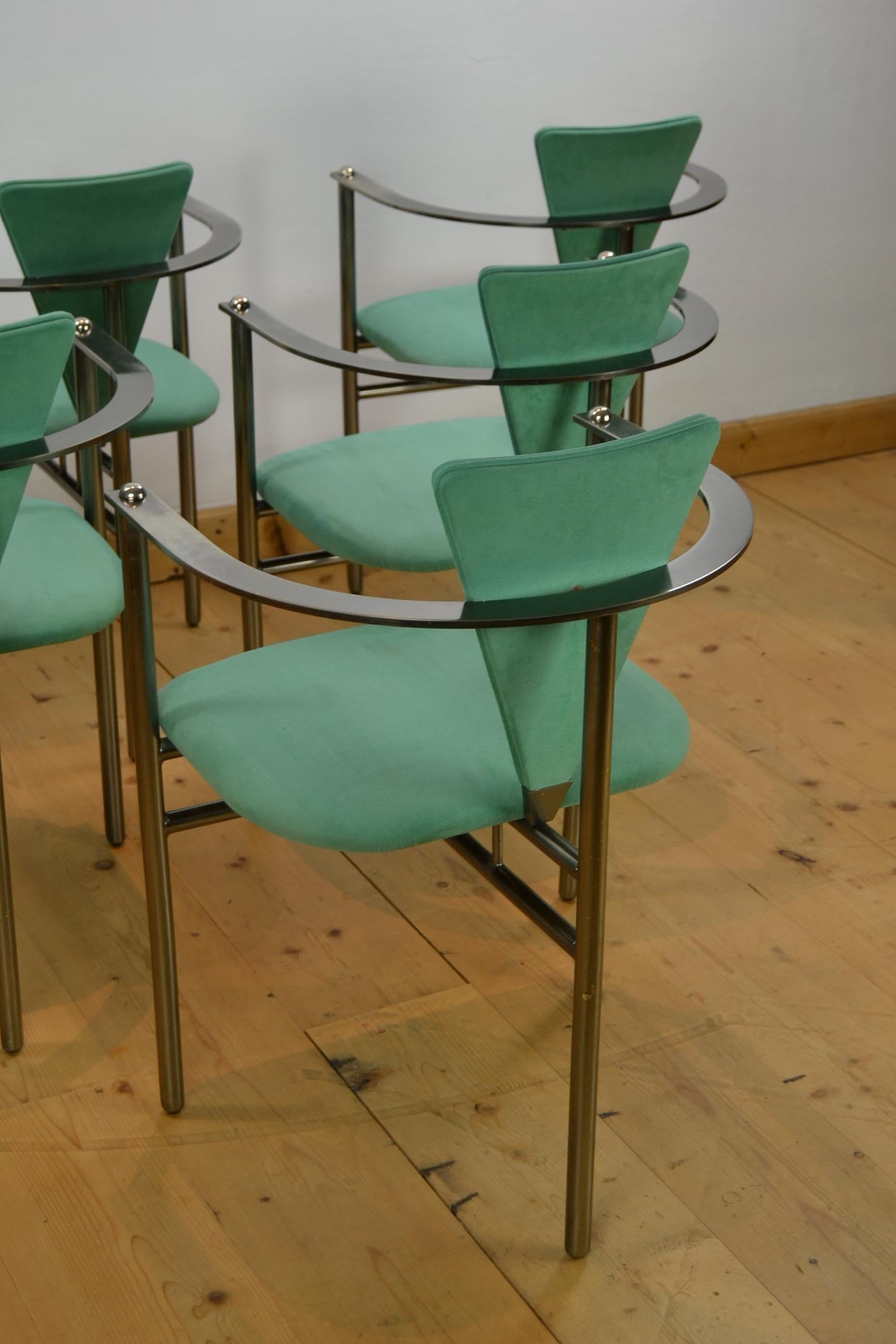 Belgo Chrome Armchairs Green Alcantara and Steel, Set of 6, Belgium, 1970s 12